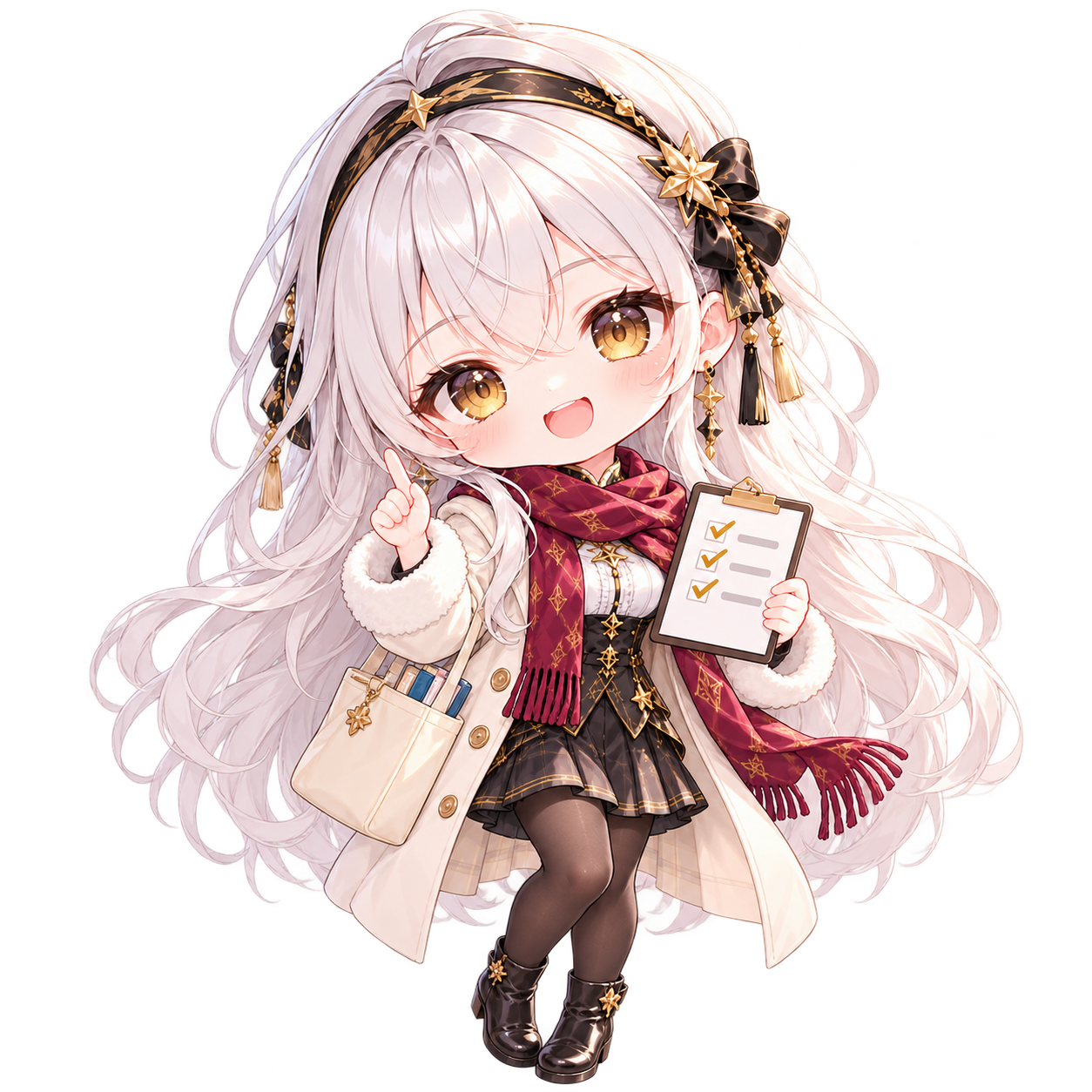 Chibi MIRAI in an ivory coat and burgundy scarf, holding a checklist and raising one finger.