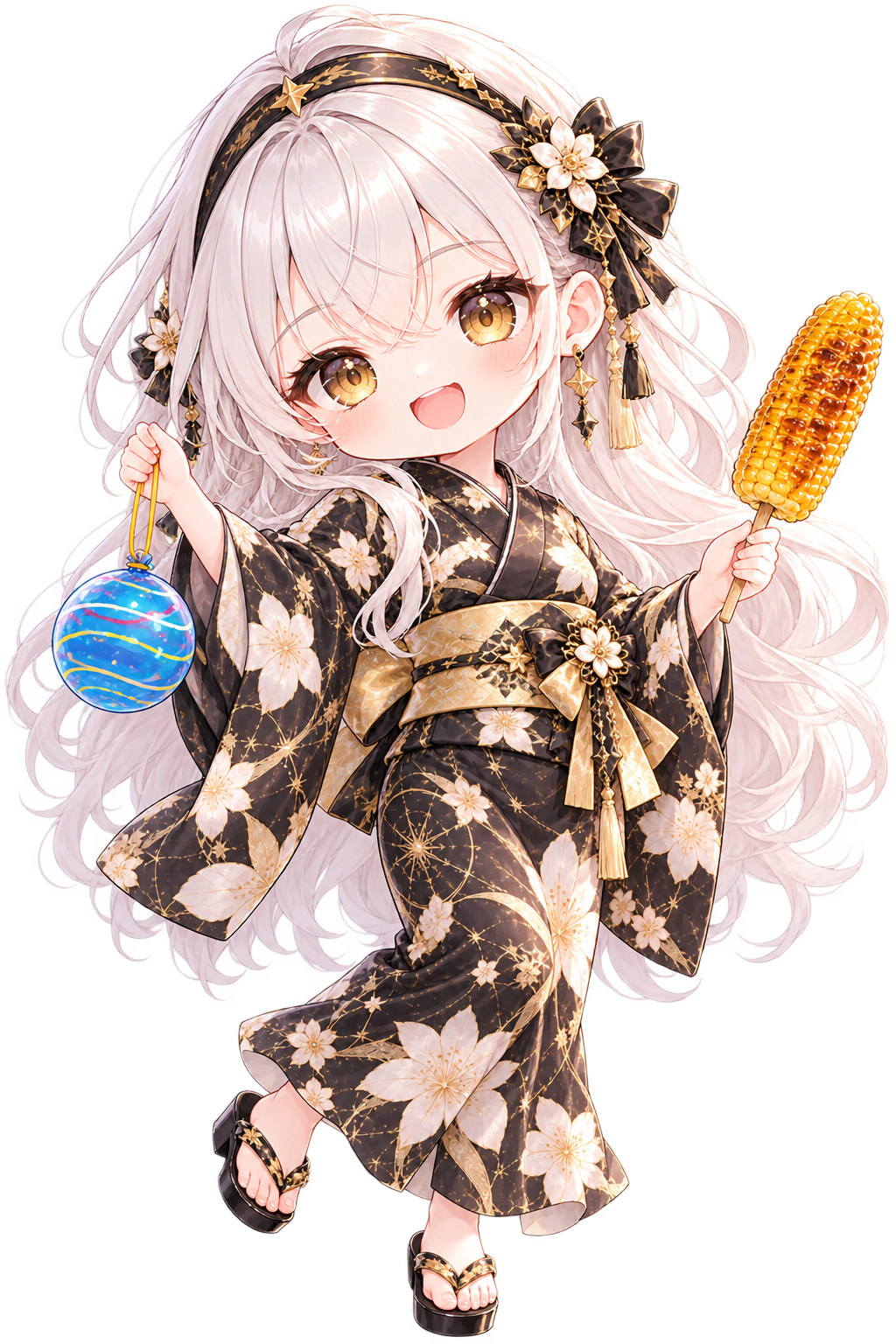 Chibi MIRAI smiles in a black-and-gold floral yukata, holding a blue festival water yo-yo balloon and grilled corn on a stick.