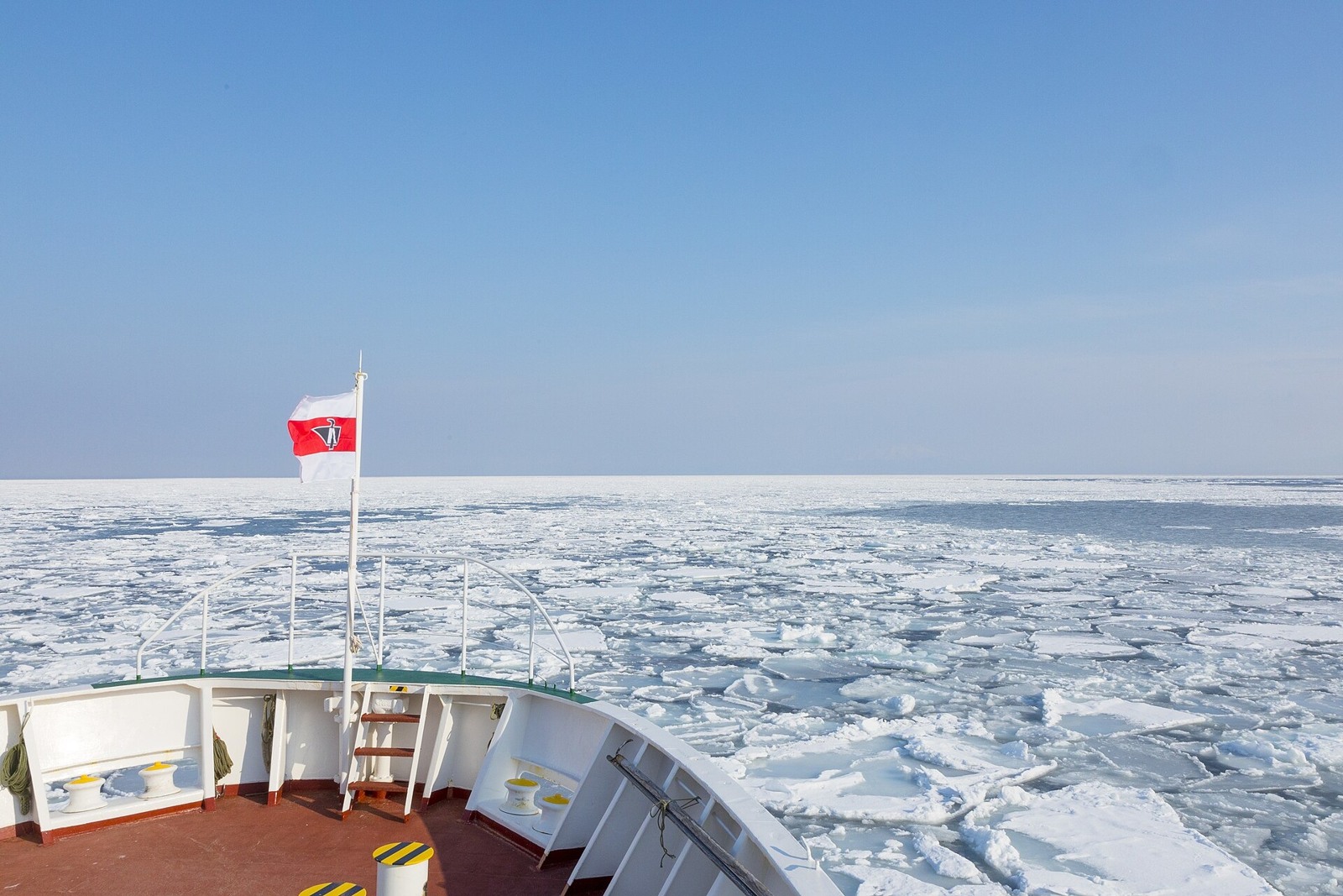 The ice-covered sea seen over the bow of a sightseeing boat.