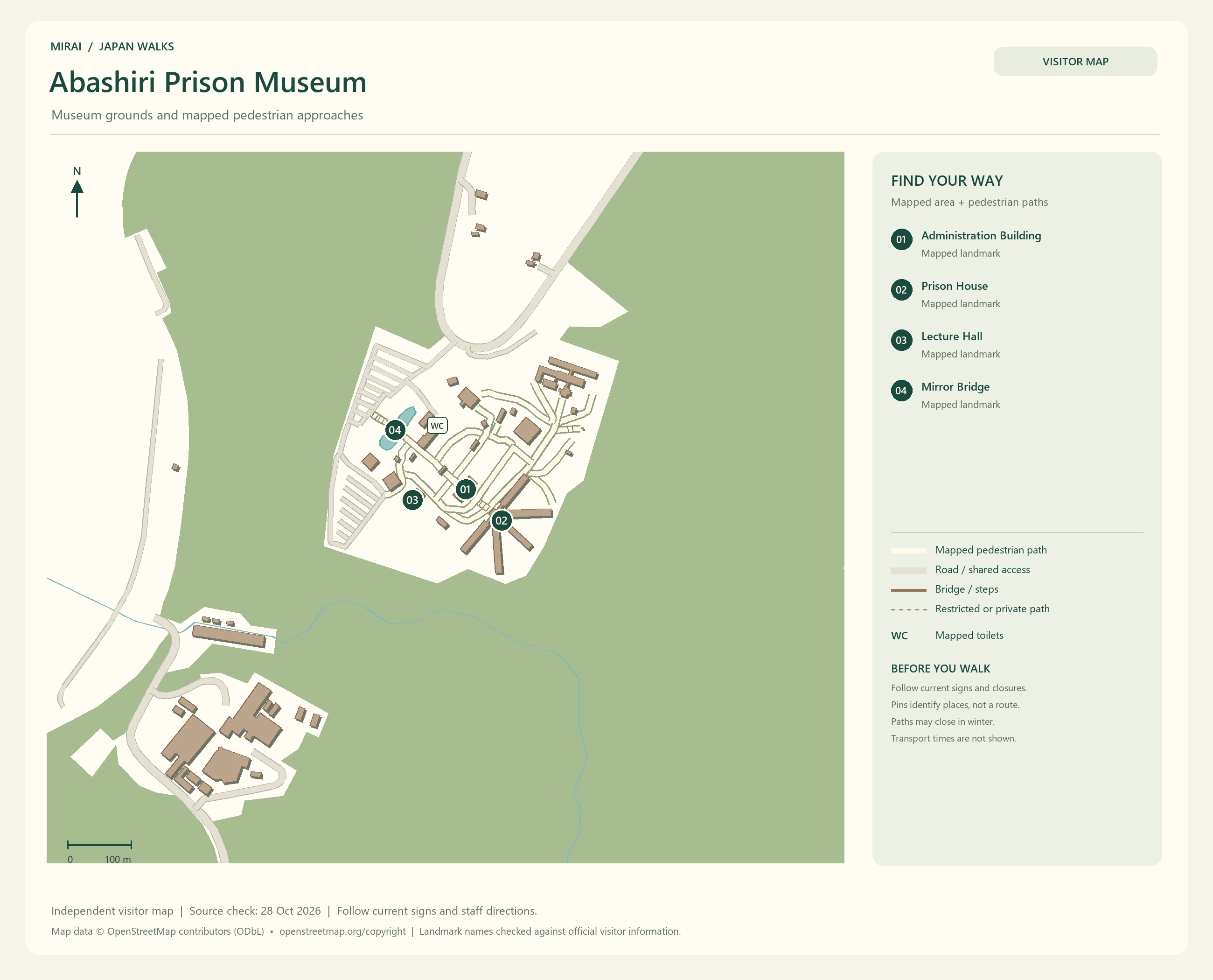 English visitor map of Abashiri Prison Museum showing the area layout, mapped pedestrian paths, roads, buildings and numbered sights.