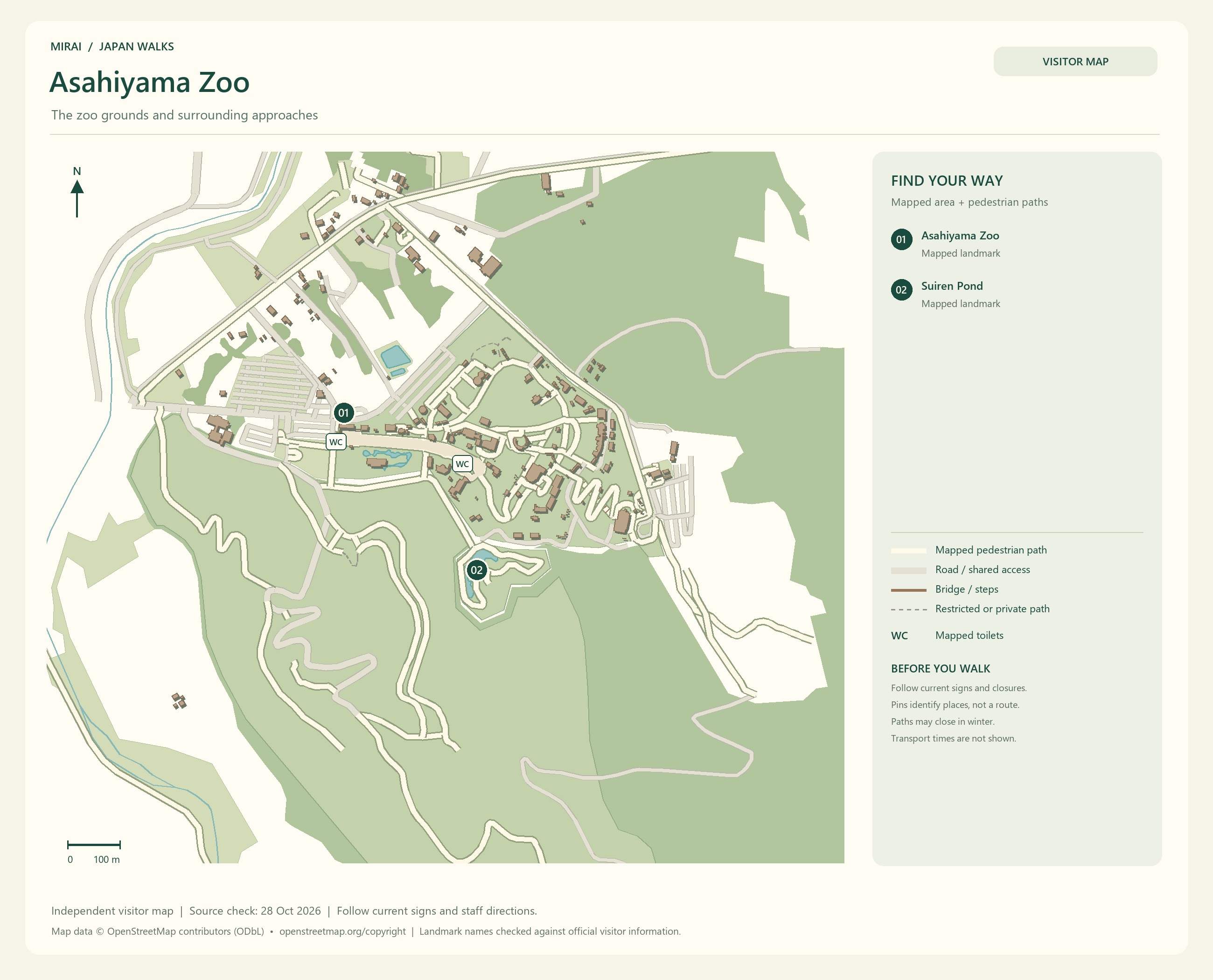 English visitor map of Asahiyama Zoo showing the area layout, mapped pedestrian paths, roads, buildings and numbered sights.