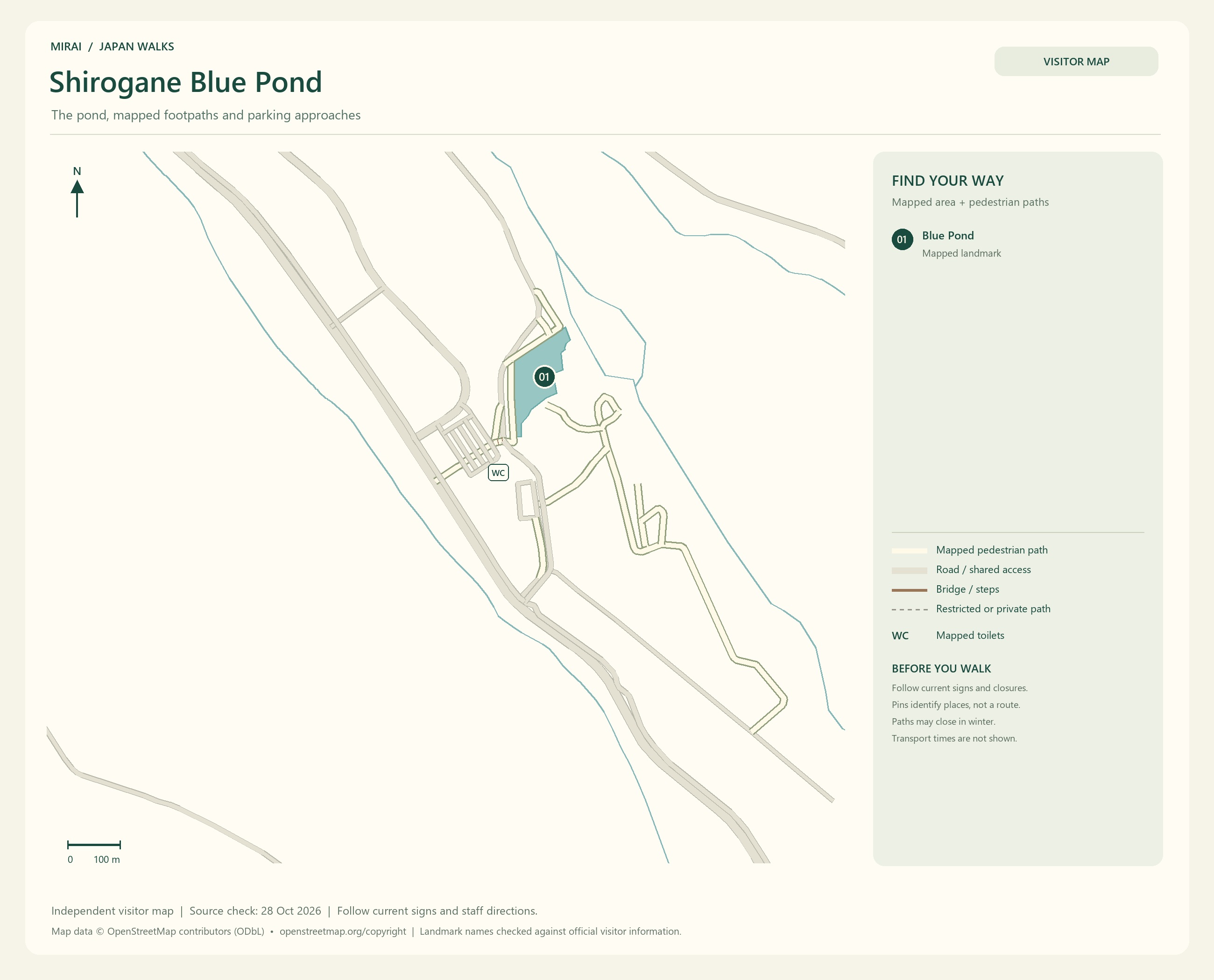 English visitor map of Shirogane Blue Pond showing the area layout, mapped pedestrian paths, roads, buildings and numbered sights.