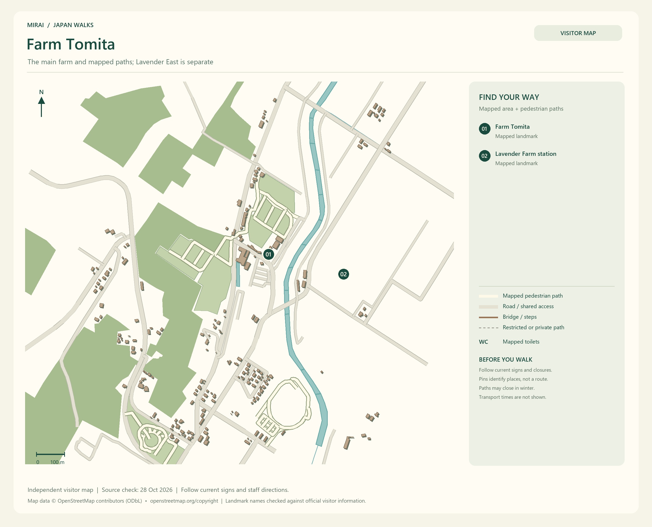 English visitor map of Farm Tomita showing the area layout, mapped pedestrian paths, roads, buildings and numbered sights.