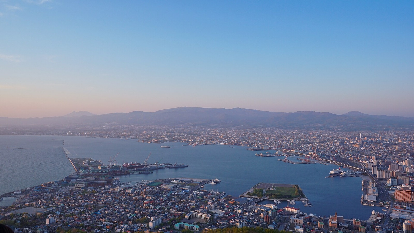 Hakodate Bay seen from the mountain near sunset.