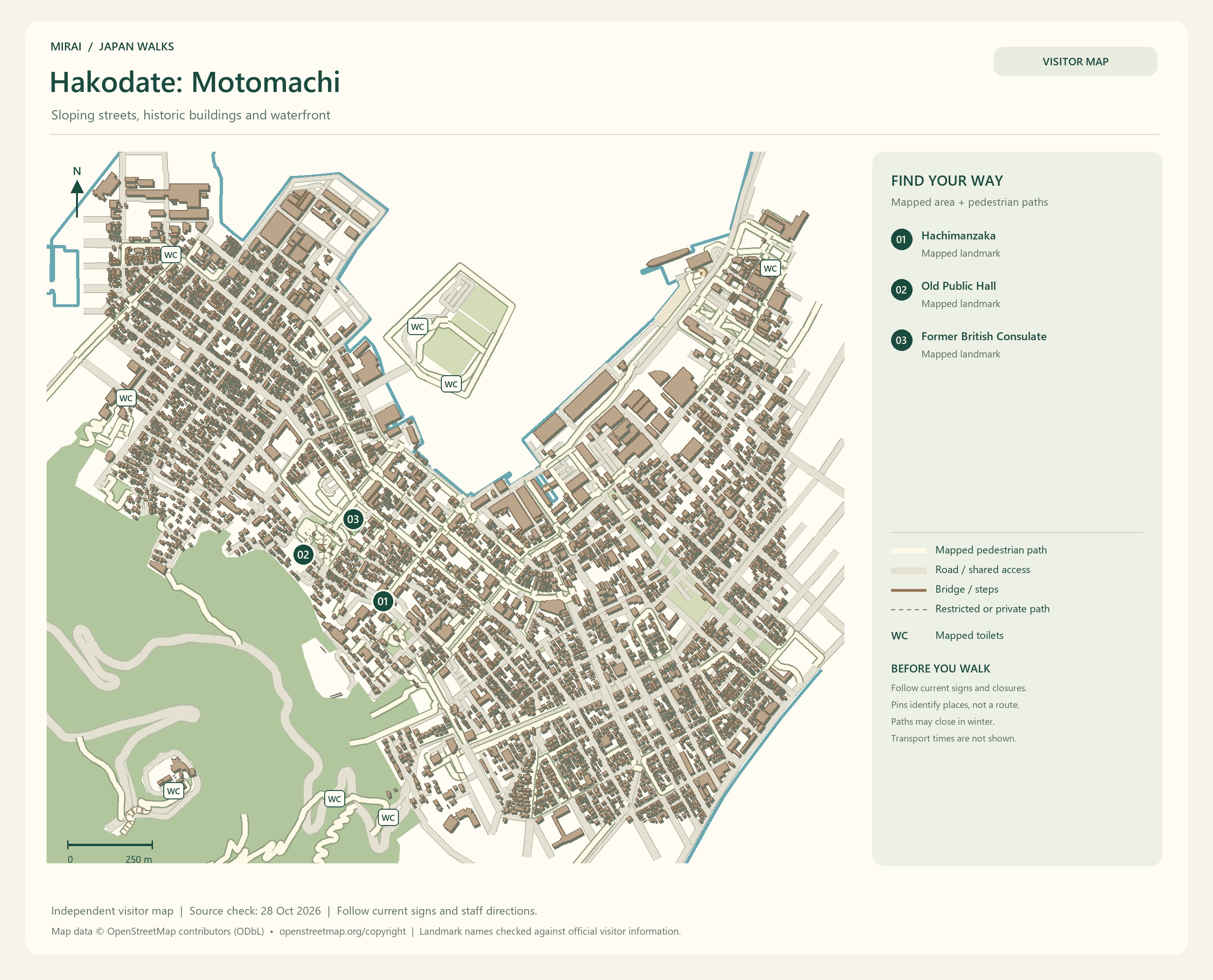 English visitor map of Hakodate: Motomachi showing the area layout, mapped pedestrian paths, roads, buildings and numbered sights.