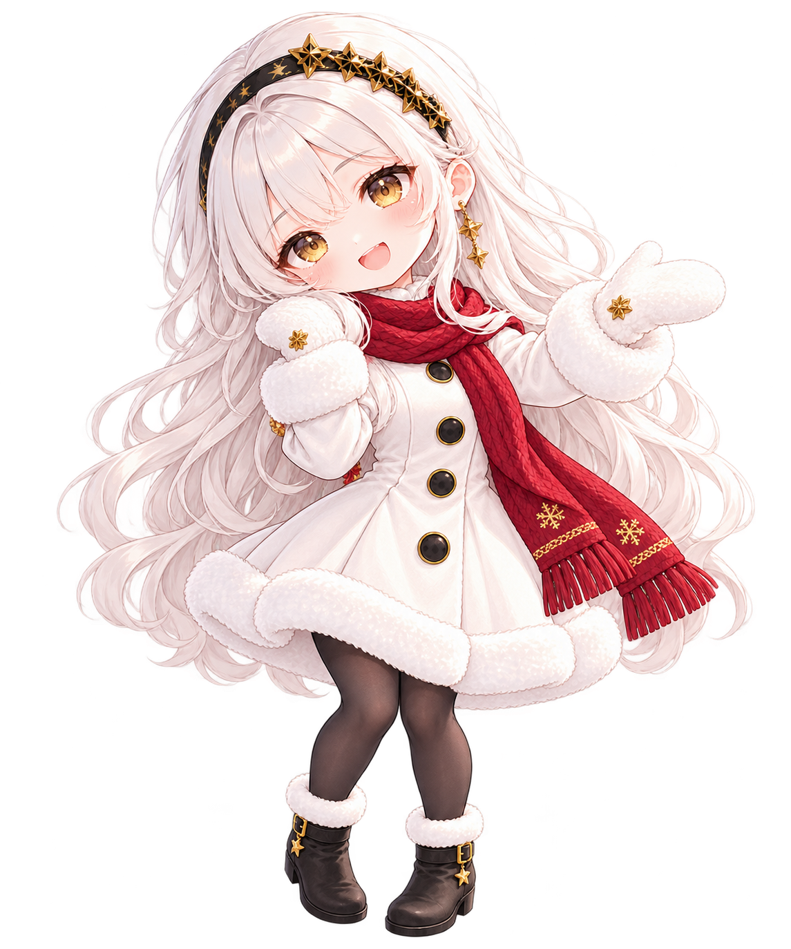 Chibi MIRAI in a white winter coat and red scarf, welcoming you to the travel summary.