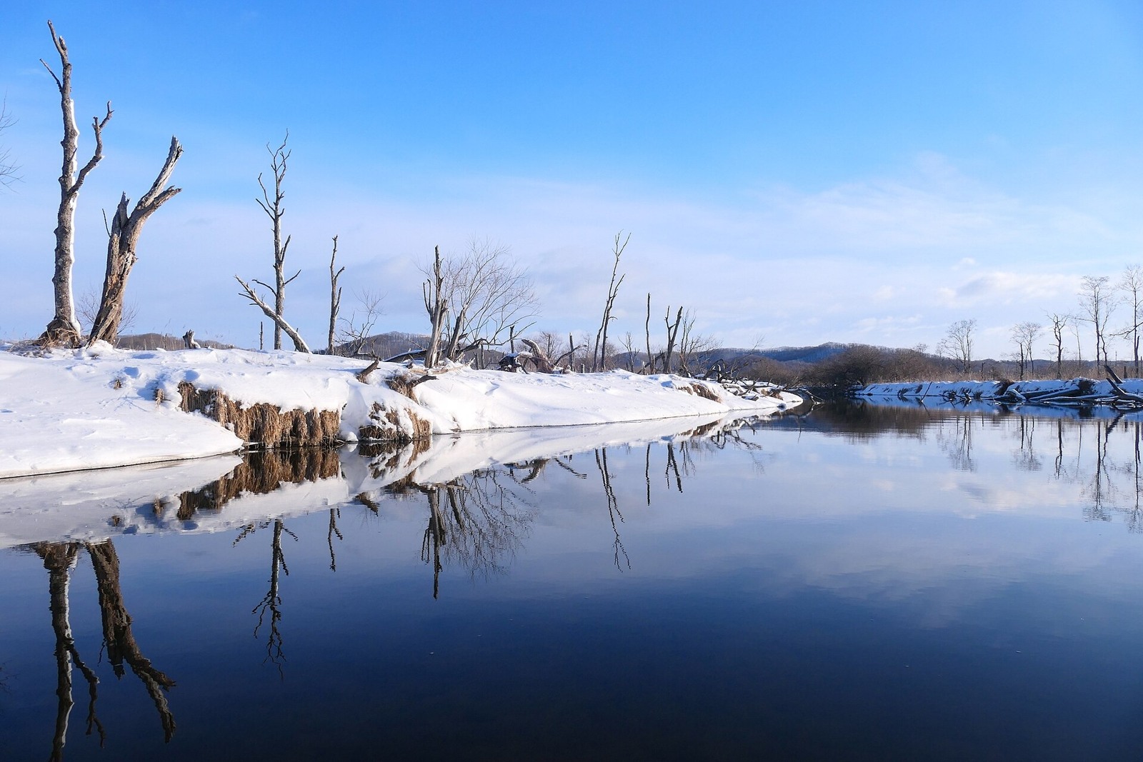 The Kushiro River and wetland landscape in winter.