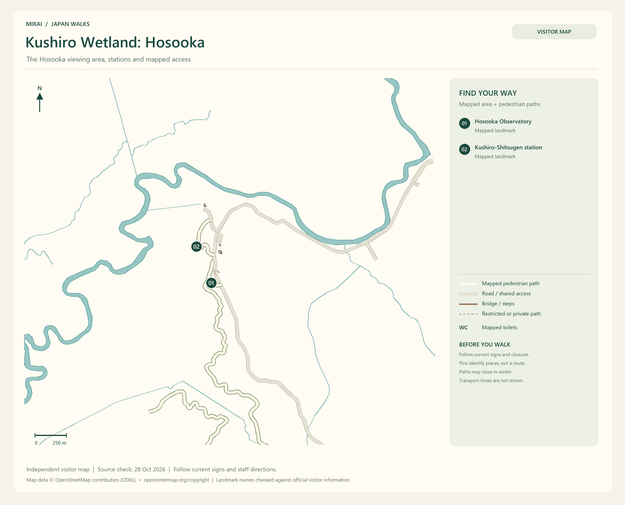 English visitor map of Kushiro Wetland: Hosooka showing the area layout, mapped pedestrian paths, roads, buildings and numbered sights.