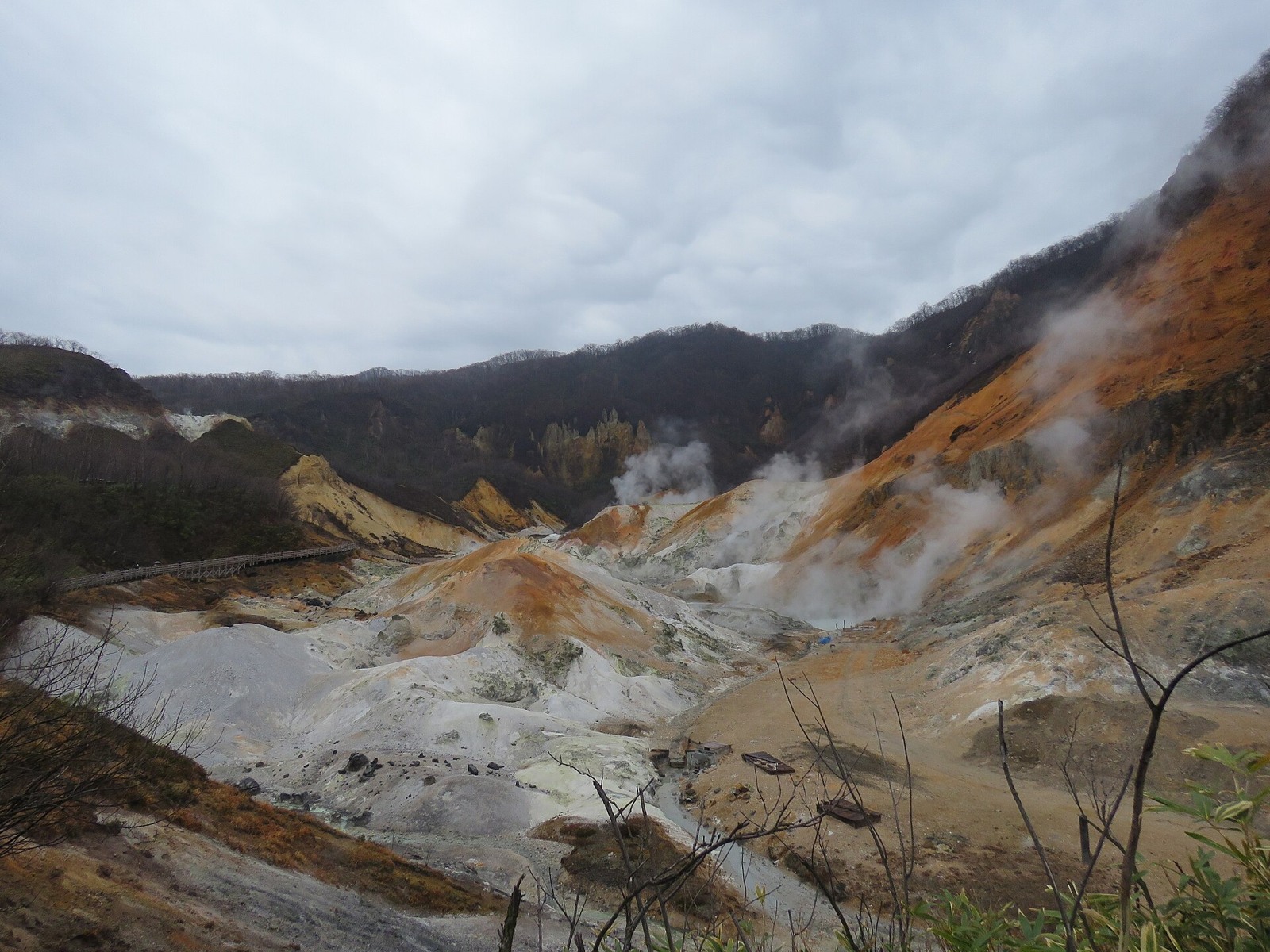 An April view over the steaming rock of Noboribetsu Jigokudani.