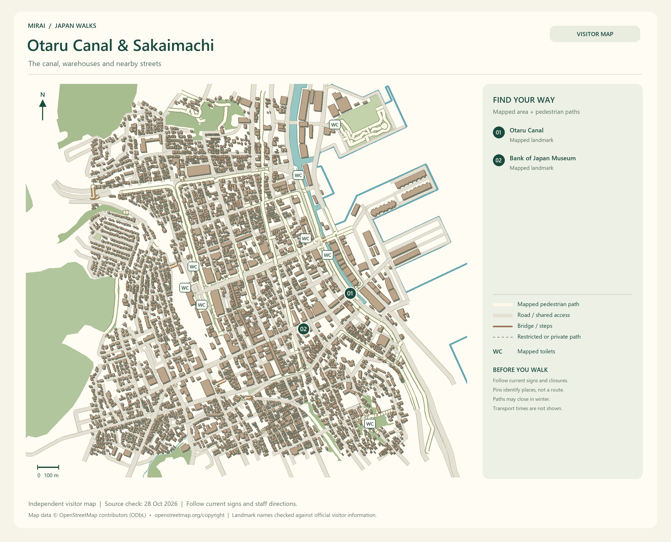 English visitor map of Otaru Canal & Sakaimachi showing the area layout, mapped pedestrian paths, roads, buildings and numbered sights.
