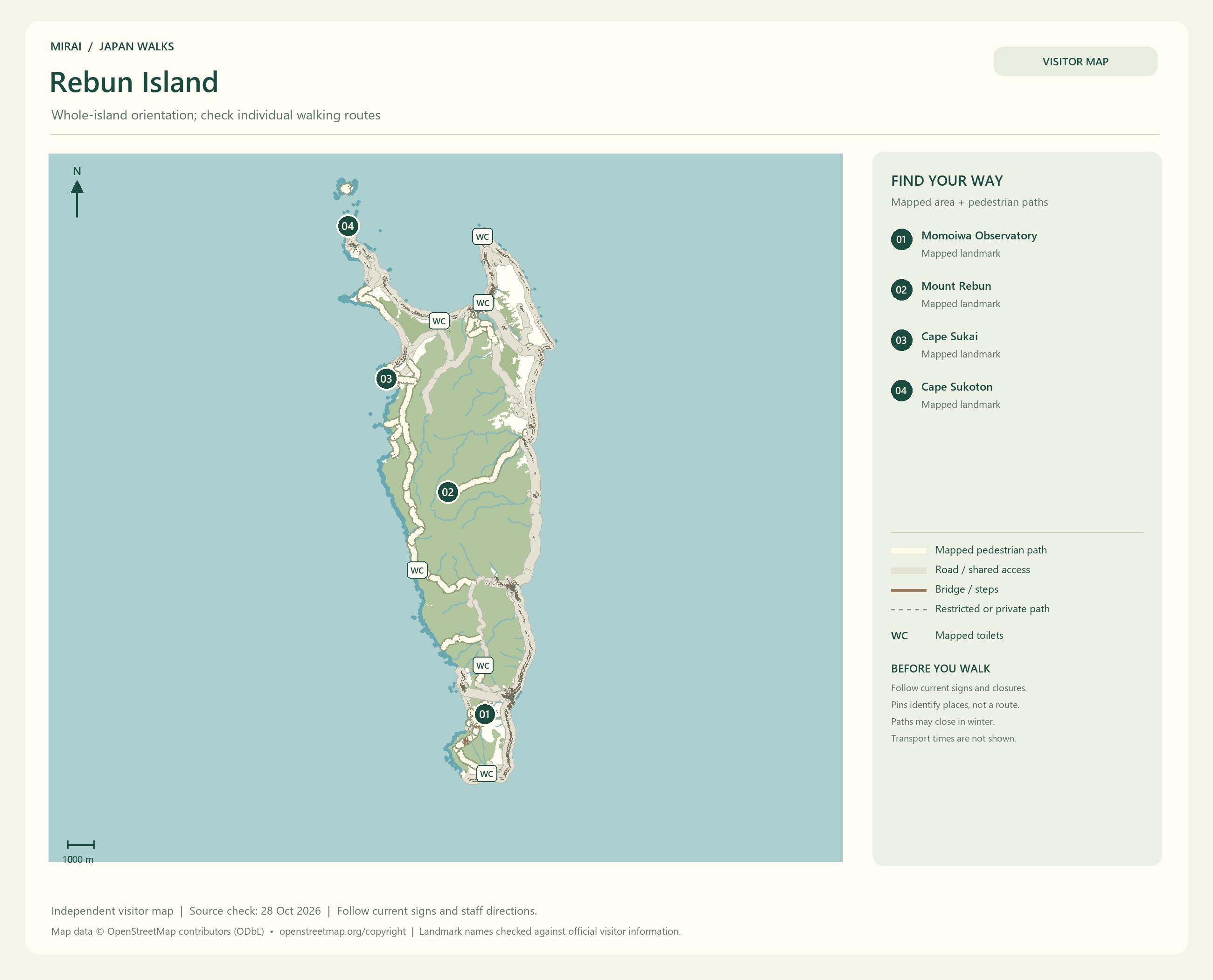 English visitor map of Rebun Island showing the area layout, mapped pedestrian paths, roads, buildings and numbered sights.