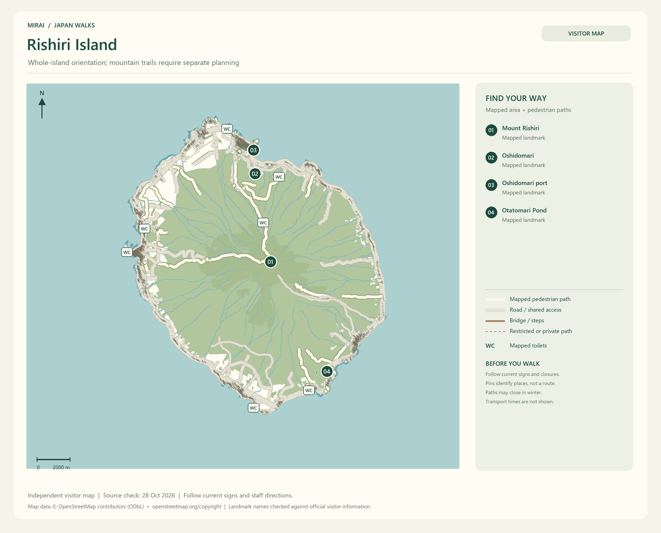 English visitor map of Rishiri Island showing the area layout, mapped pedestrian paths, roads, buildings and numbered sights.