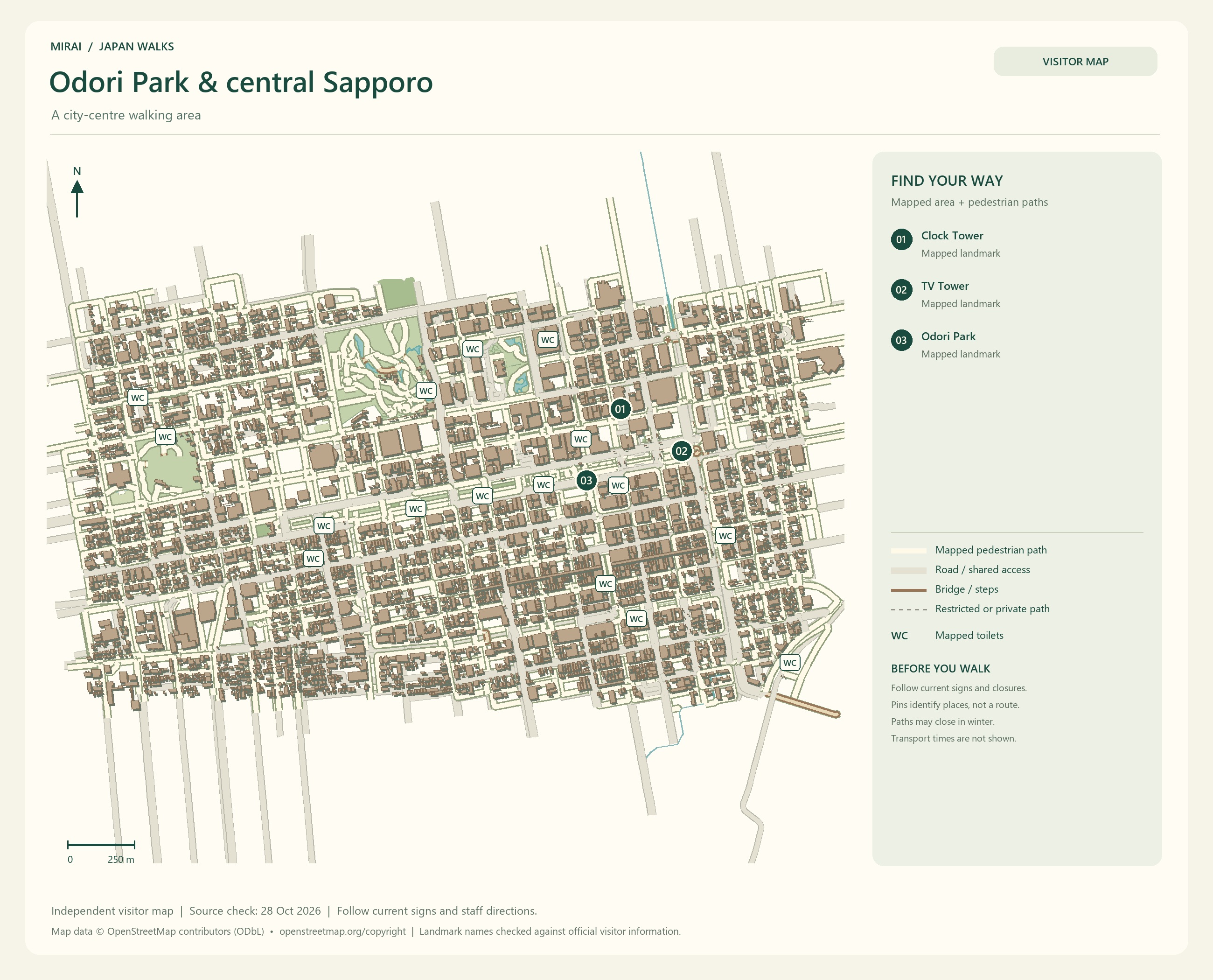 English visitor map of Odori Park & central Sapporo showing the area layout, mapped pedestrian paths, roads, buildings and numbered sights.