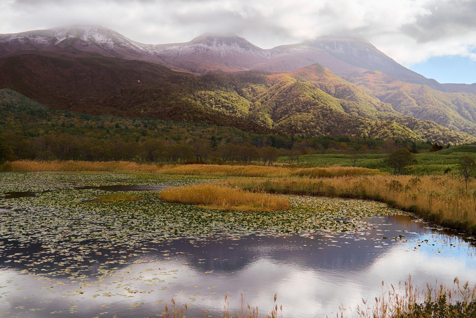 Another view of the lakes, forest and mountain backdrop.