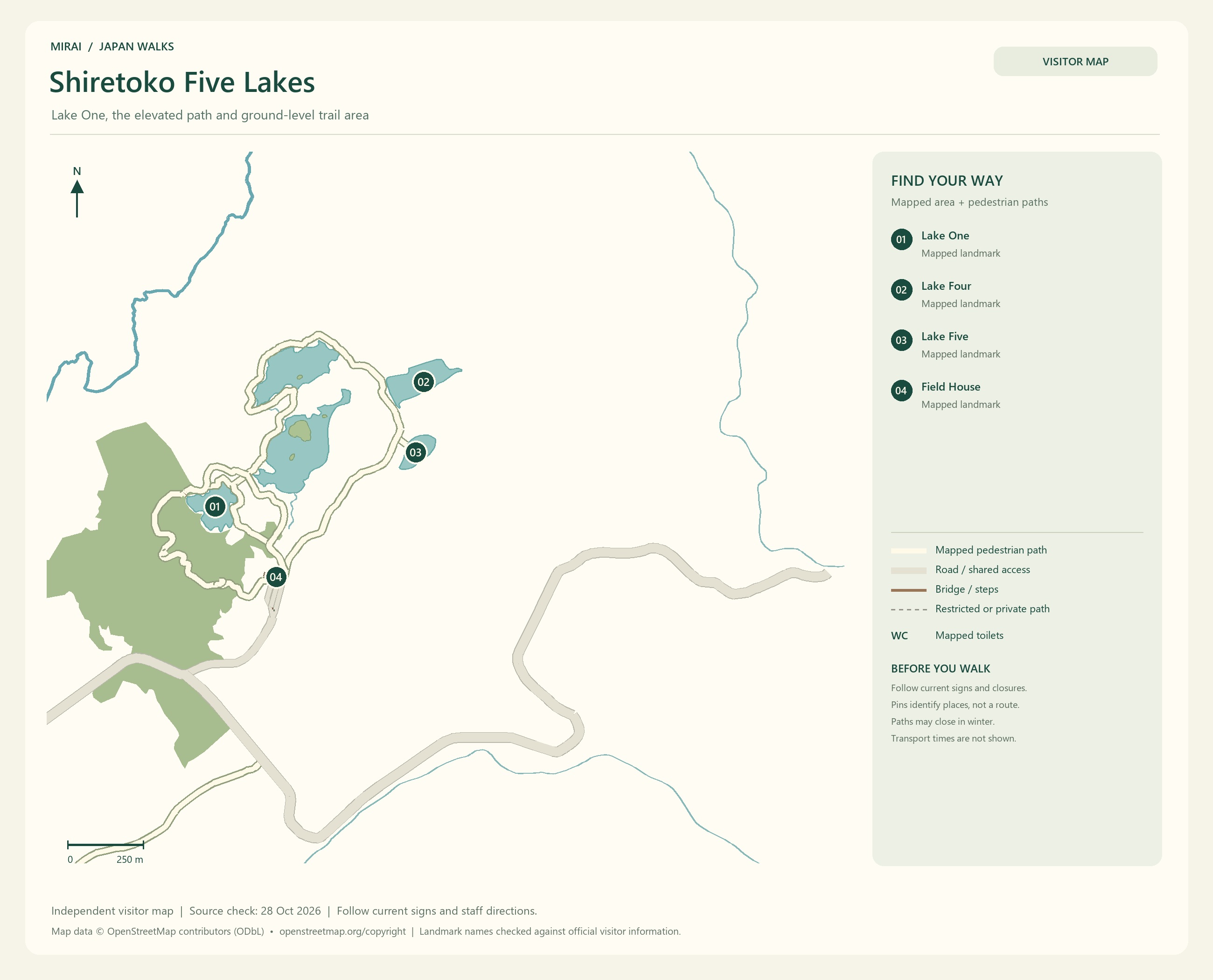 English visitor map of Shiretoko Five Lakes showing the area layout, mapped pedestrian paths, roads, buildings and numbered sights.