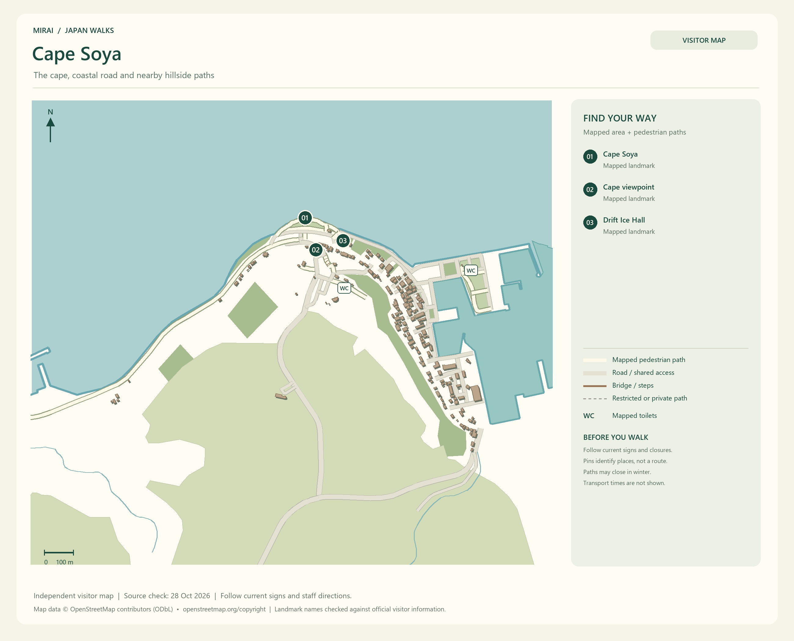 English visitor map of Cape Soya showing the area layout, mapped pedestrian paths, roads, buildings and numbered sights.