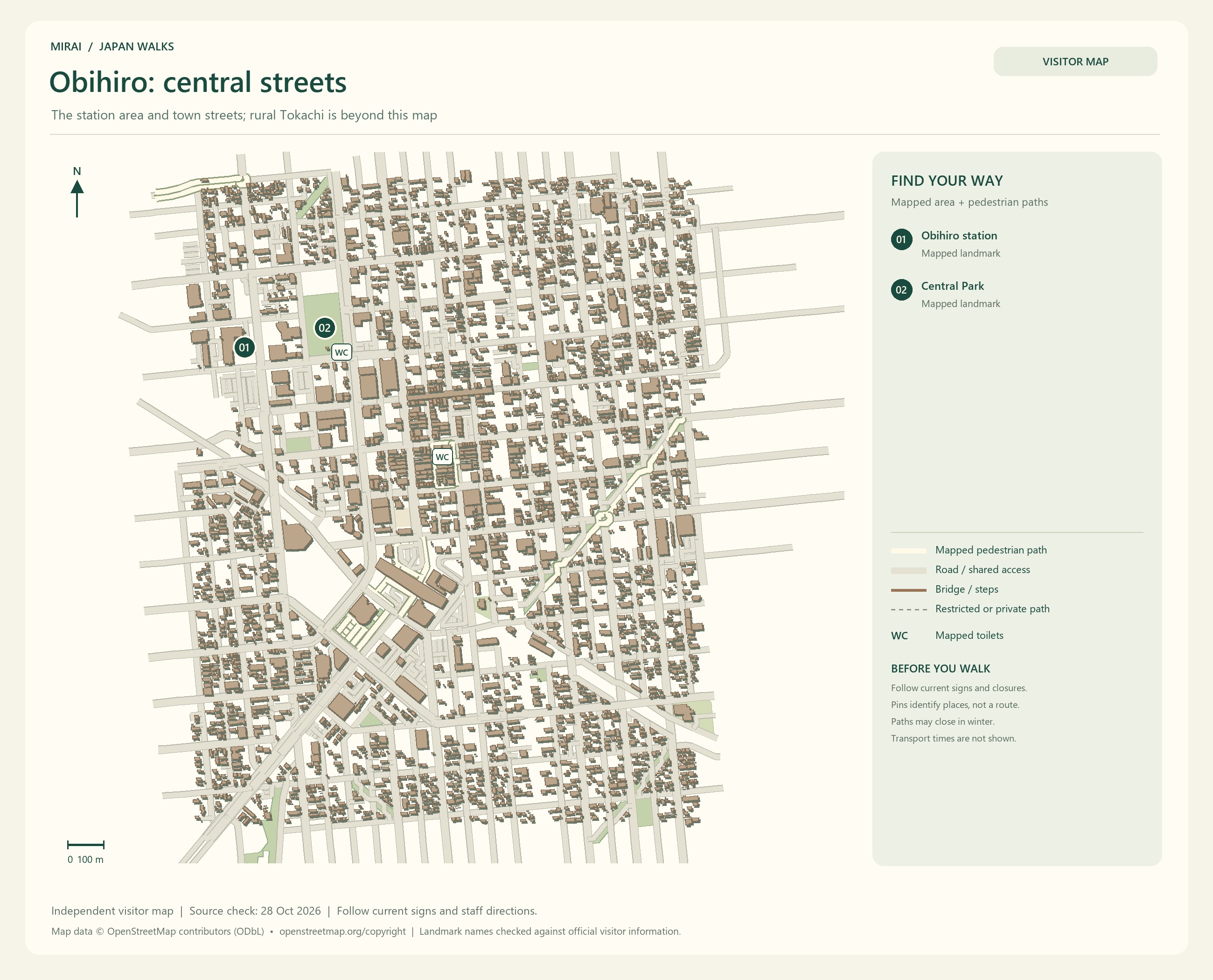 English visitor map of Obihiro: central streets showing the area layout, mapped pedestrian paths, roads, buildings and numbered sights.