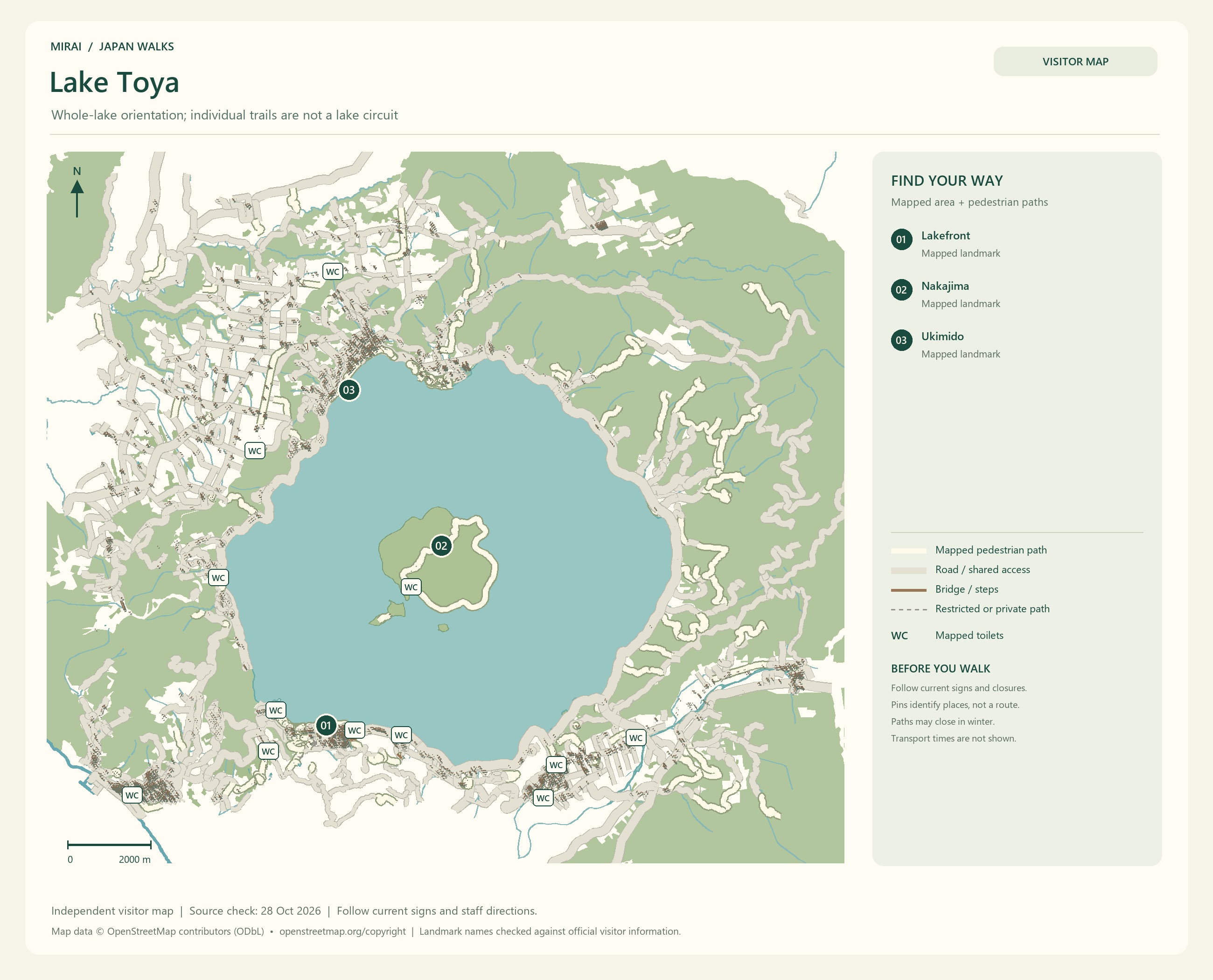 English visitor map of Lake Toya showing the area layout, mapped pedestrian paths, roads, buildings and numbered sights.