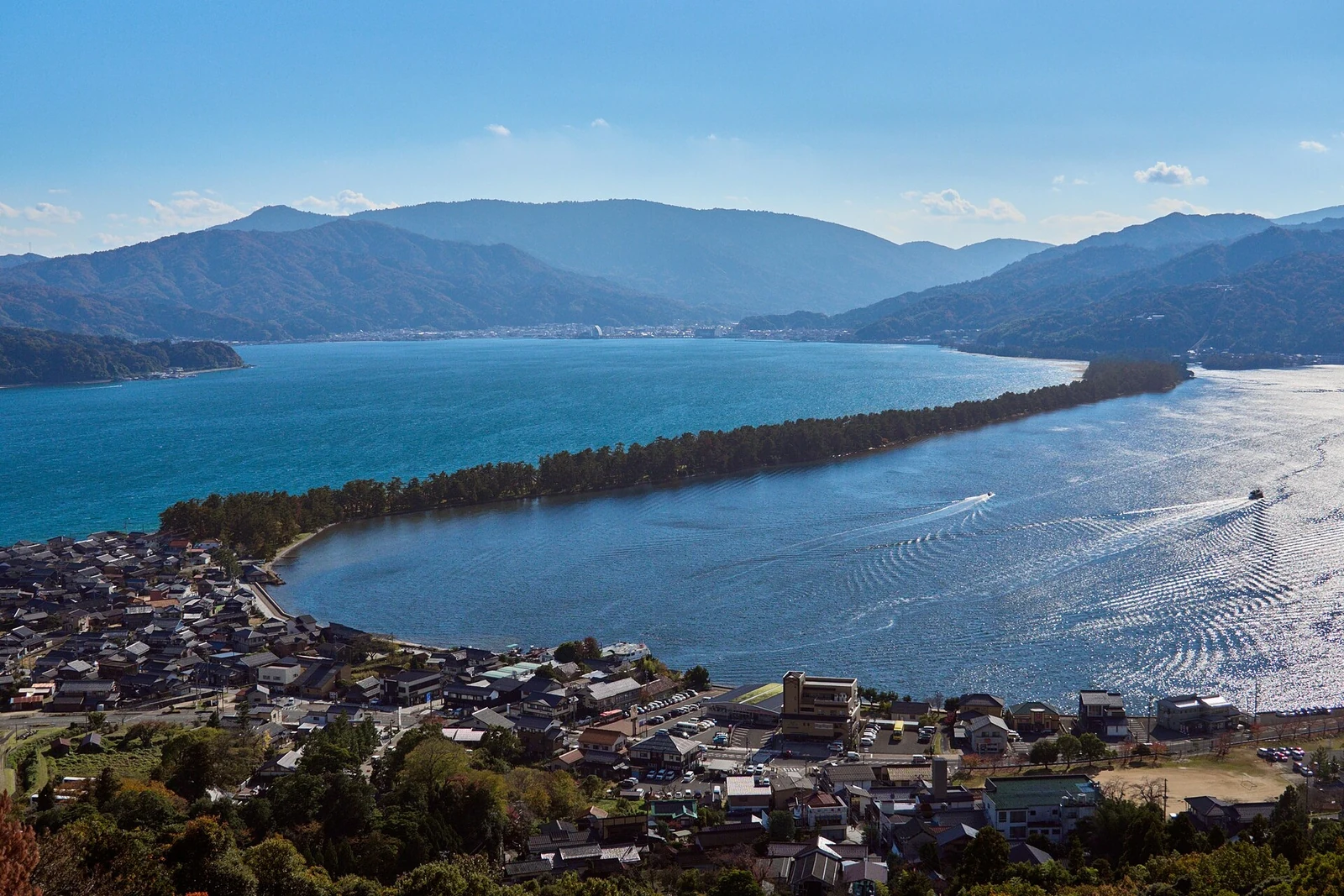 Amanohashidate’s pine-covered sandbar seen from above.
