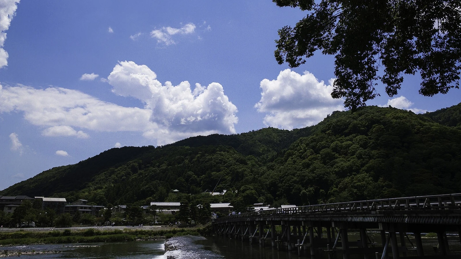 The river, bridge and green hills in summer.