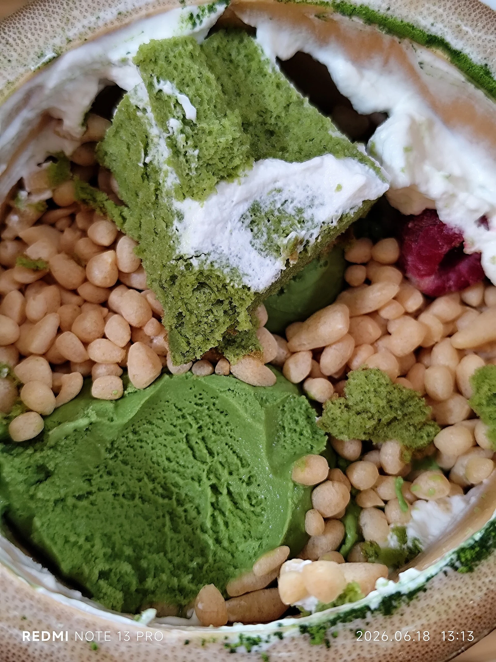A closer look at a matcha dessert in Uji.