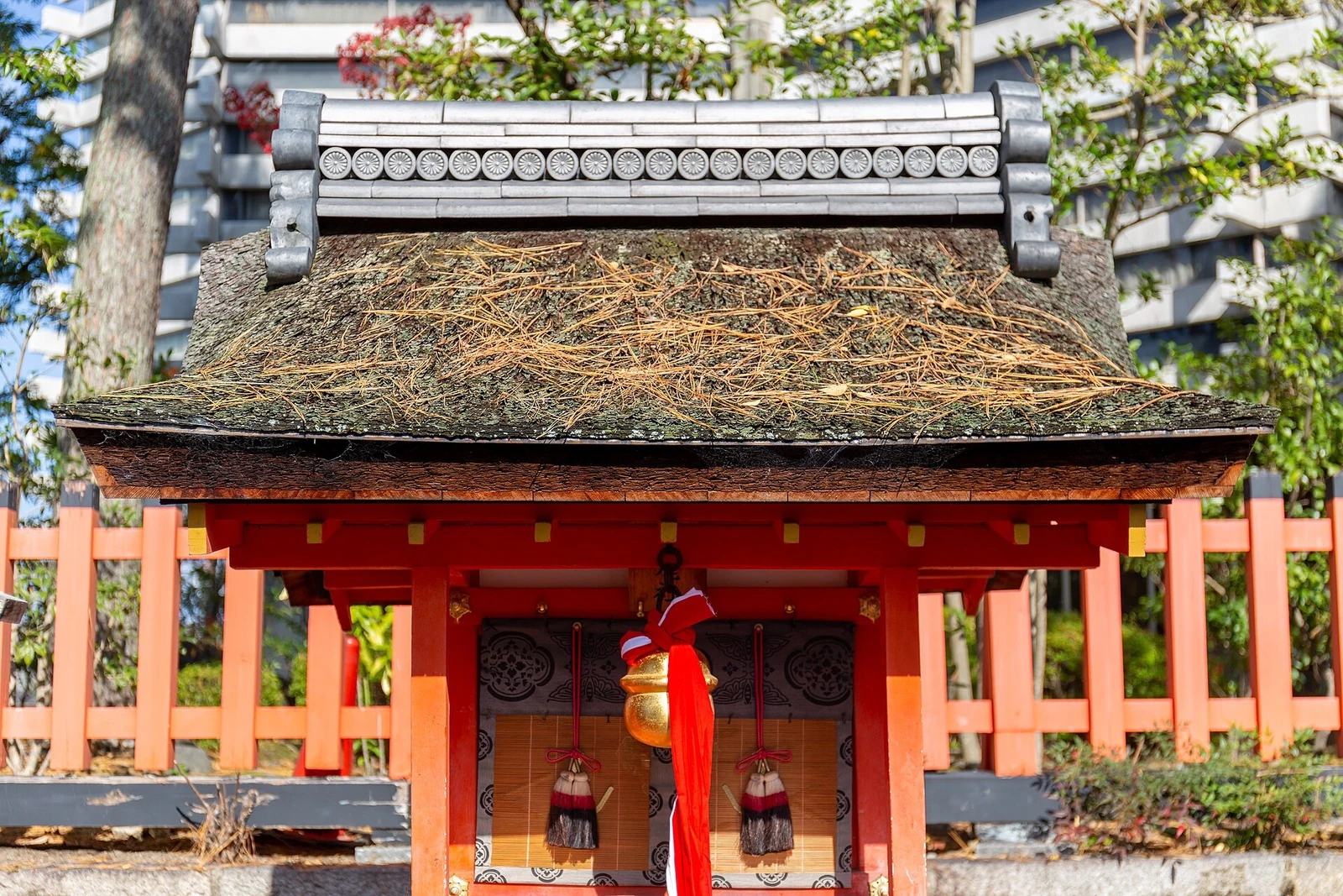 A closer view of the shrine’s timber and roof details.