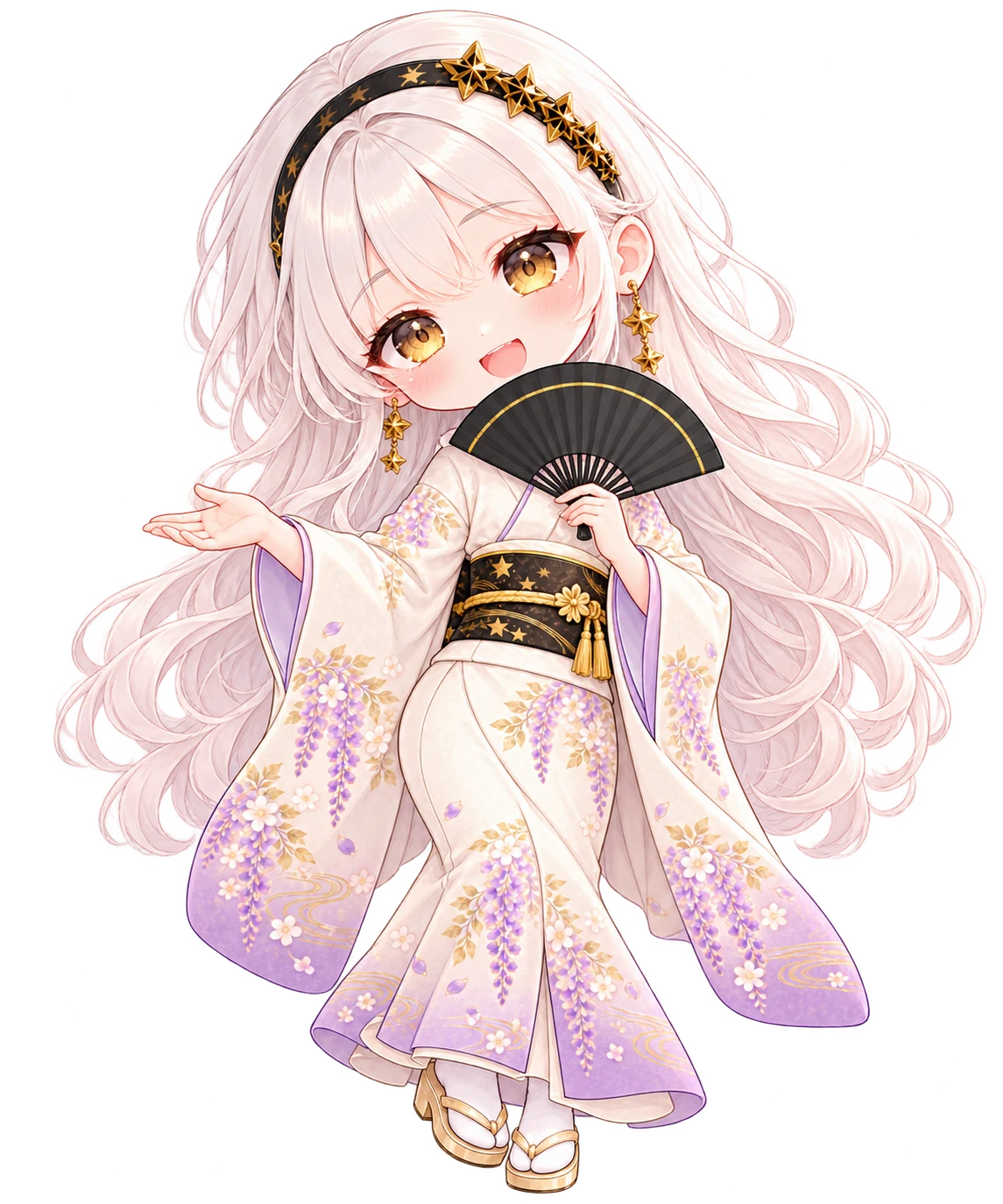 Chibi MIRAI in an ivory and lavender kimono, holding an open fan by her chin and welcoming you to the Kyoto summary.