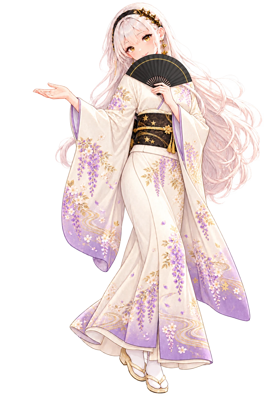 MIRAI in an ivory and lavender kimono with a black and gold obi, holding an open black fan near her chin.