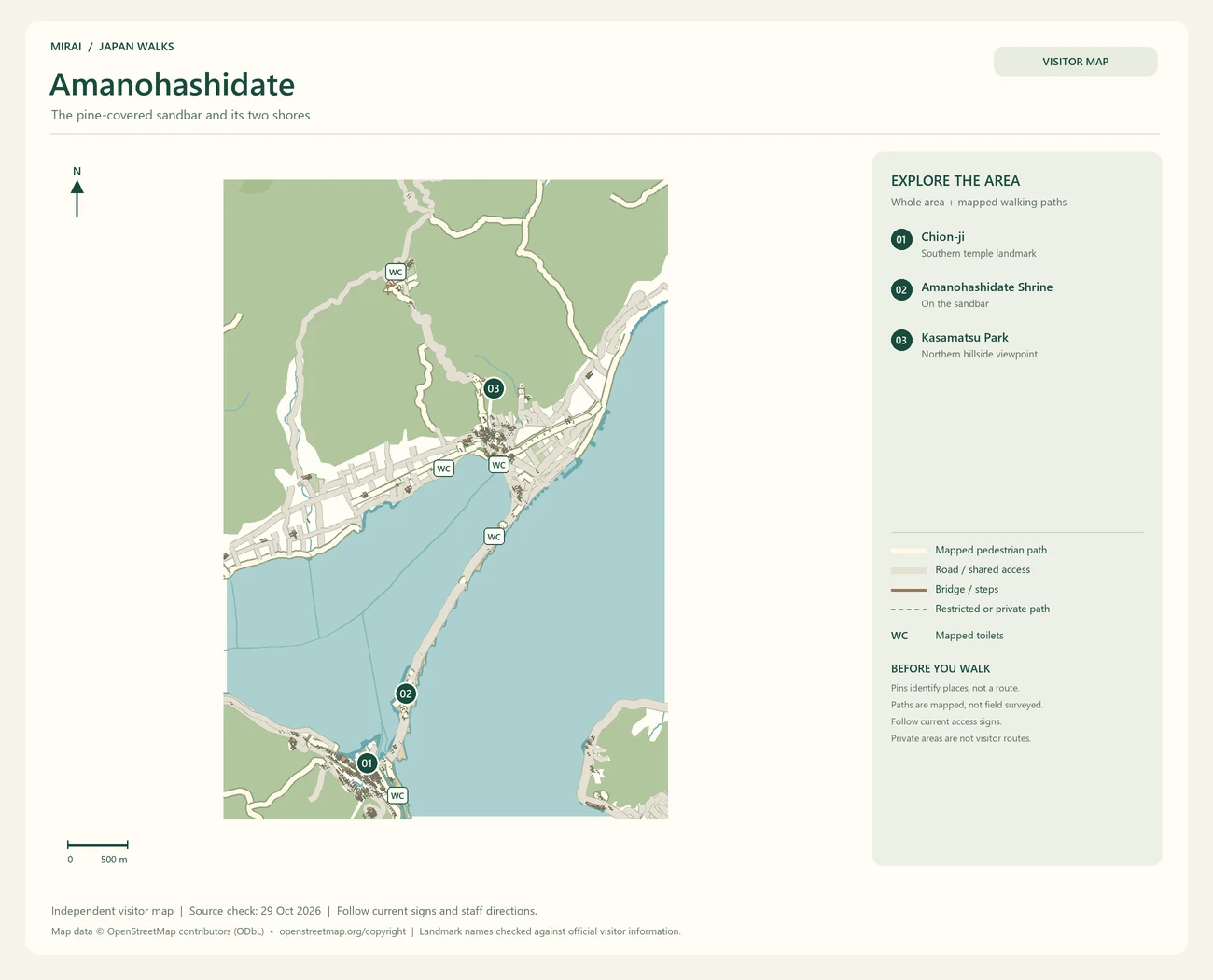 English visitor map of Amanohashidate showing the area layout, mapped pedestrian paths, roads, buildings and numbered sights.