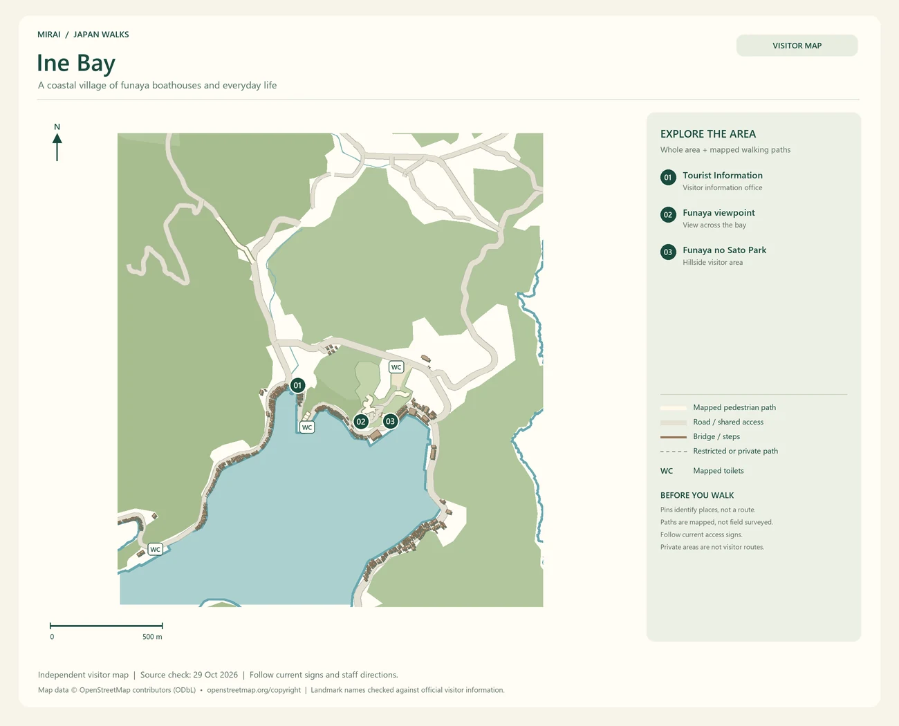 English visitor map of Ine Bay showing the area layout, mapped pedestrian paths, roads, buildings and numbered sights.