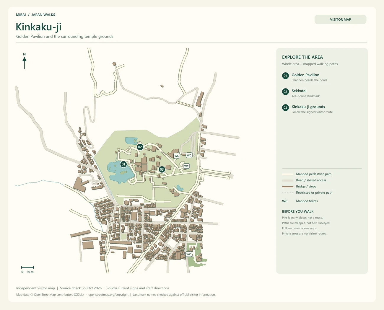 English visitor map of Kinkaku-ji showing the area layout, mapped pedestrian paths, roads, buildings and numbered sights.