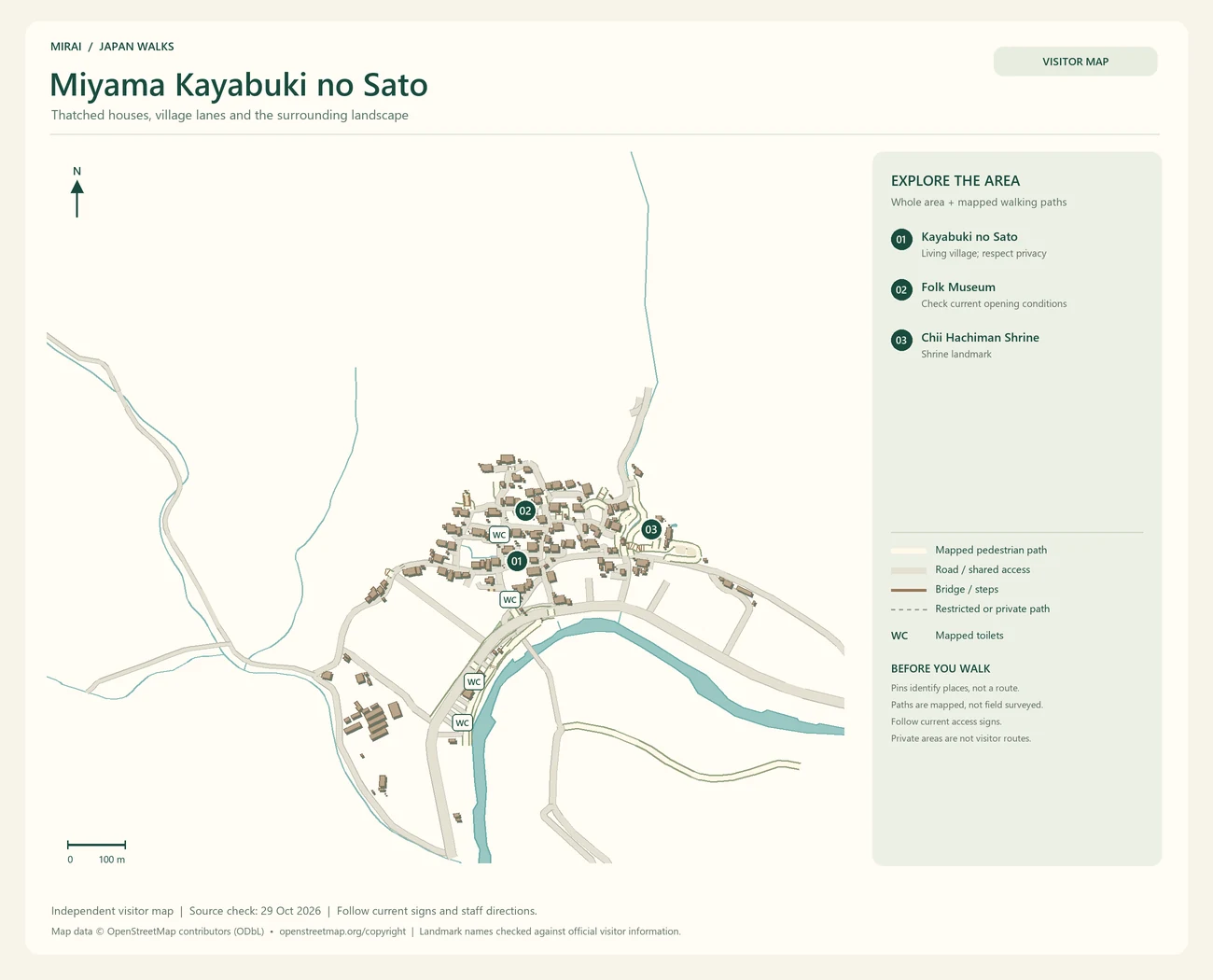 English visitor map of Miyama Kayabuki no Sato showing the area layout, mapped pedestrian paths, roads, buildings and numbered sights.