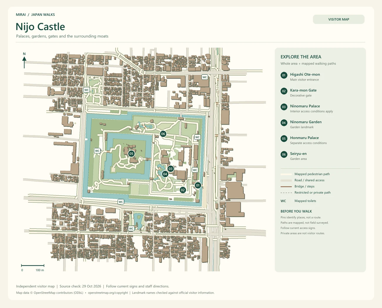 English visitor map of Nijo Castle showing the area layout, mapped pedestrian paths, roads, buildings and numbered sights.