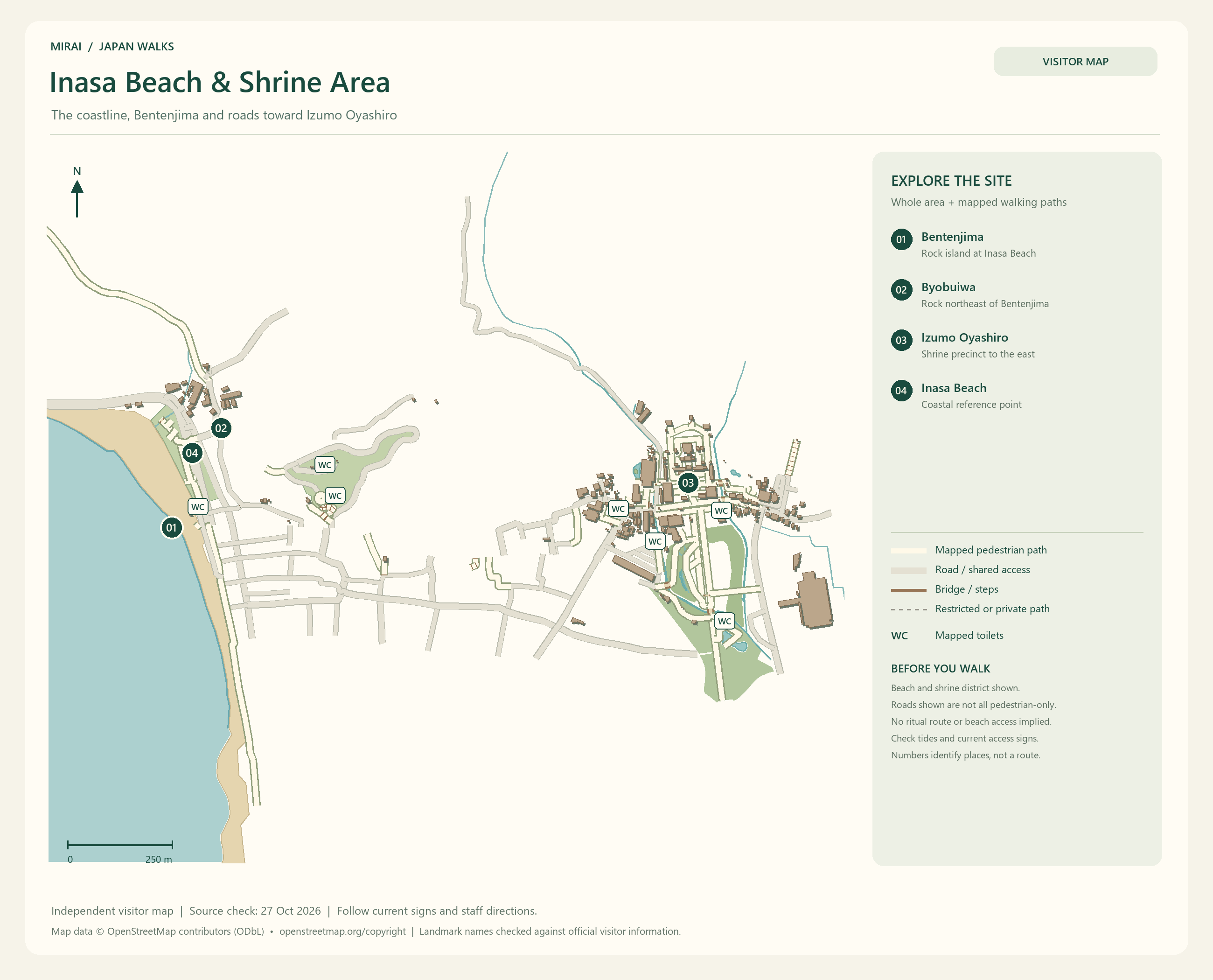 English visitor map of Inasa Beach & Shrine Area showing the area layout, mapped pedestrian paths, roads, buildings and numbered sights.