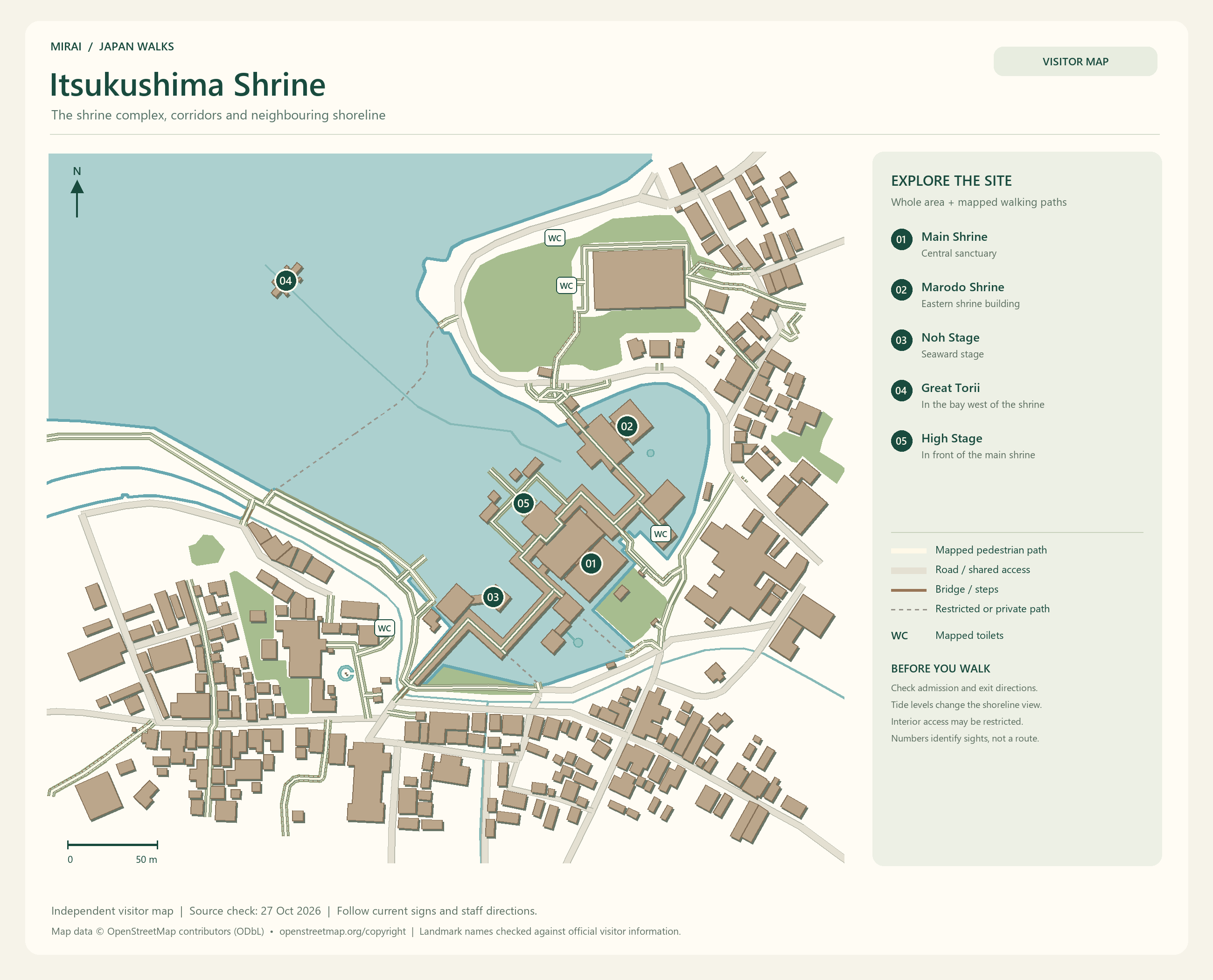 English visitor map of Itsukushima Shrine showing the area layout, mapped pedestrian paths, roads, buildings and numbered sights.