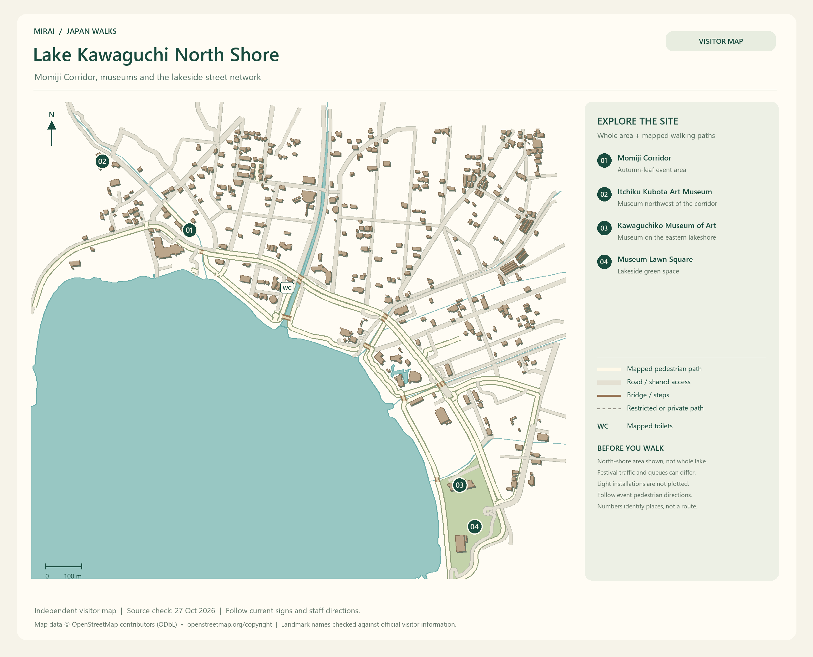 English visitor map of Lake Kawaguchi North Shore showing the area layout, mapped pedestrian paths, roads, buildings and numbered sights.