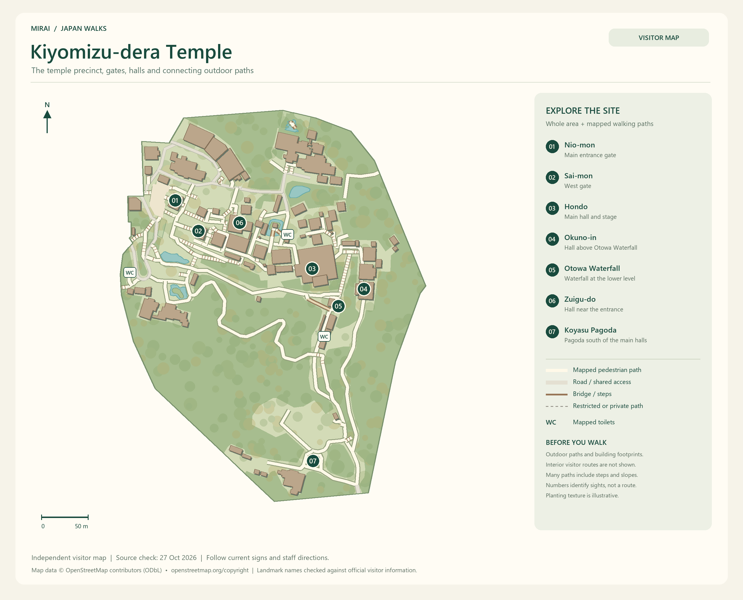 English visitor map of Kiyomizu-dera Temple showing the area layout, mapped pedestrian paths, roads, buildings and numbered sights.