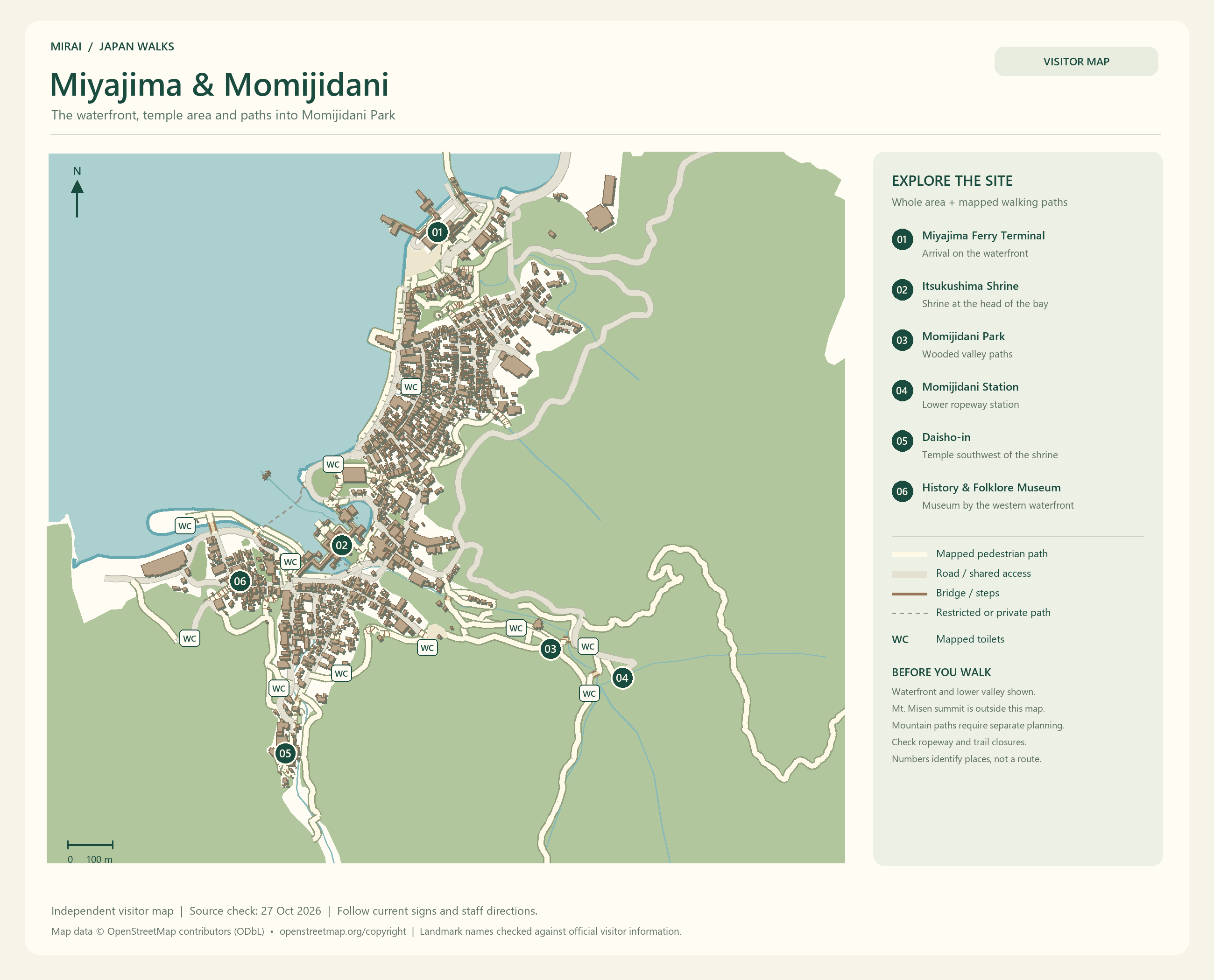 English visitor map of Miyajima & Momijidani showing the area layout, mapped pedestrian paths, roads, buildings and numbered sights.