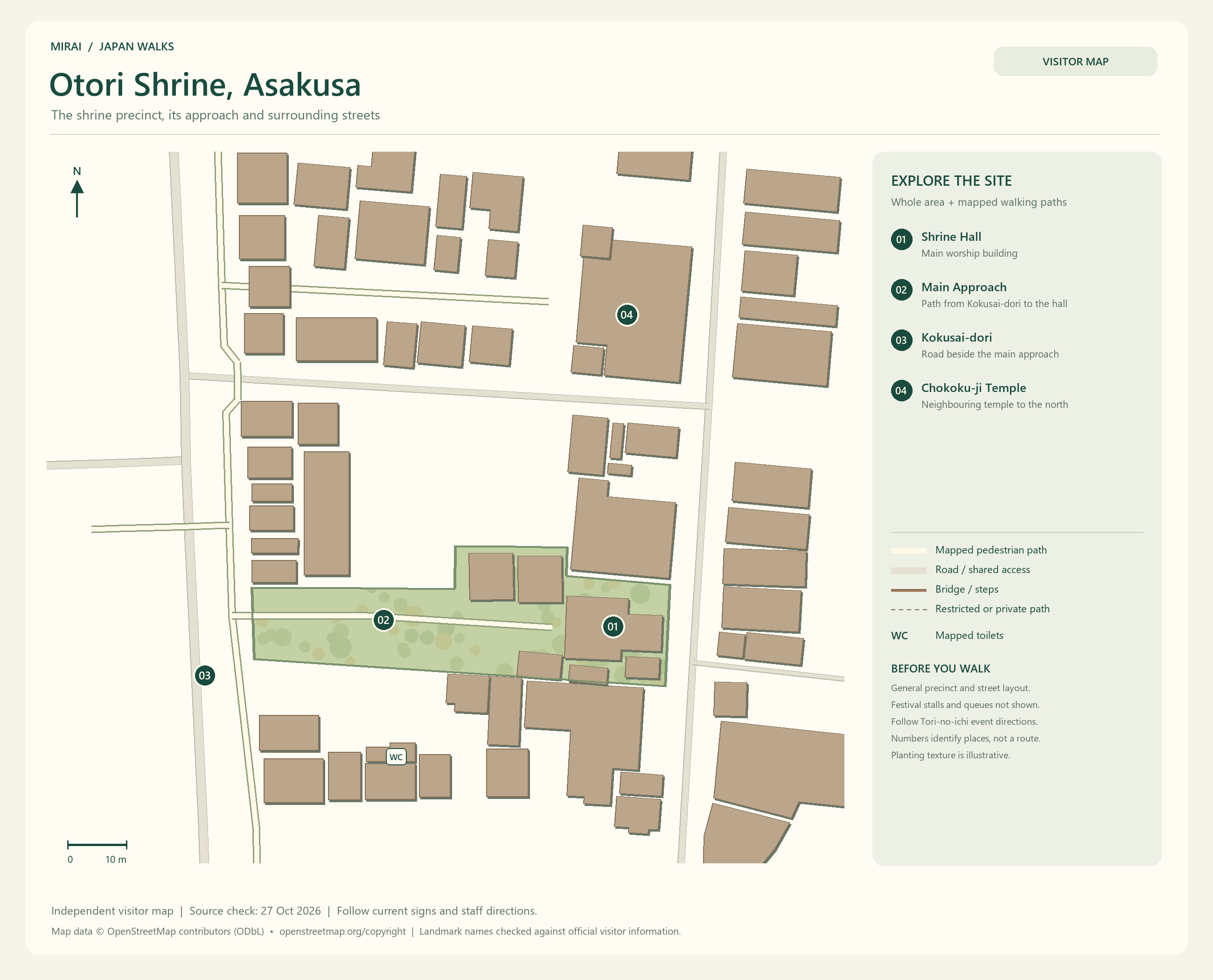 English visitor map of Otori Shrine, Asakusa showing the area layout, mapped pedestrian paths, roads, buildings and numbered sights.