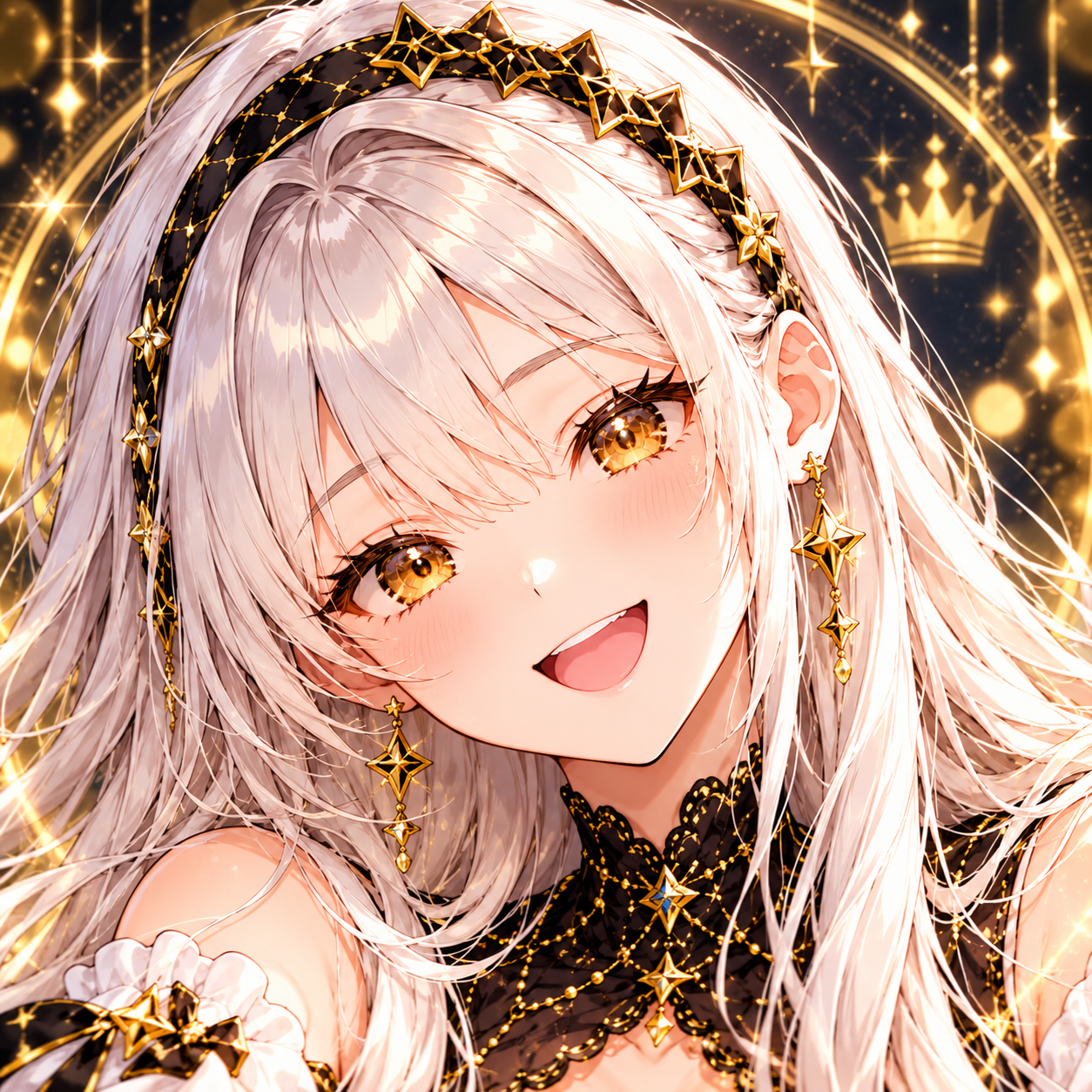 MIRAI smiling, with silver hair and gold star accessories