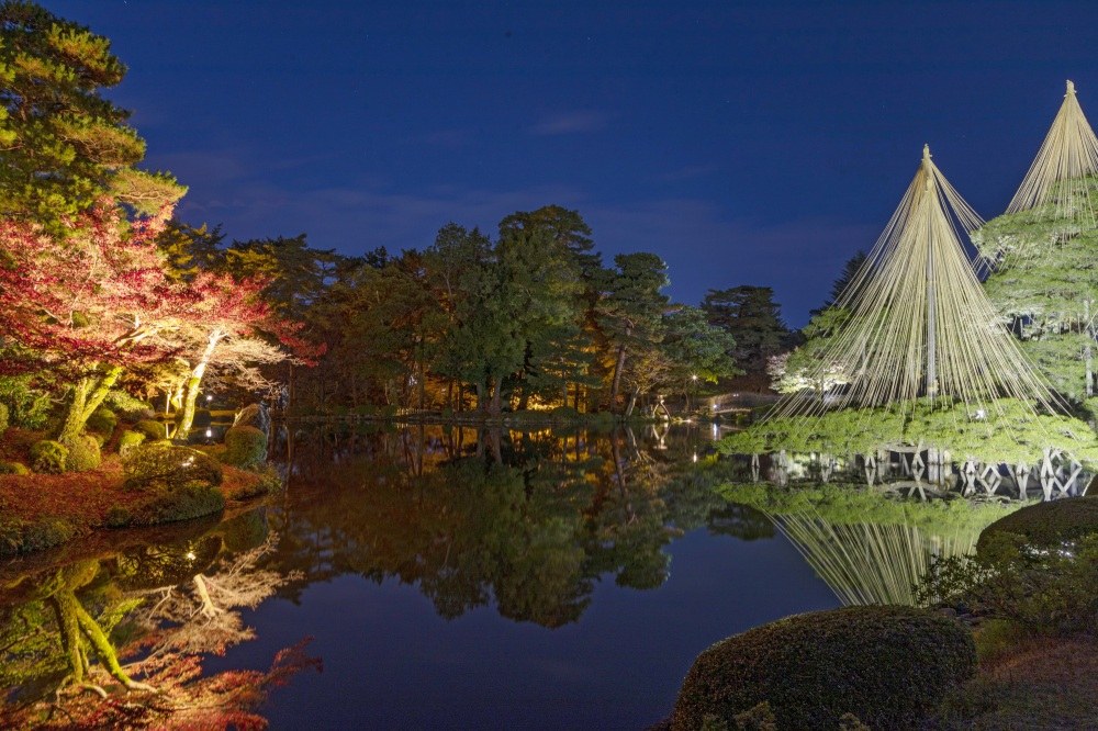 Autumn leaves and yukitsuri across the illuminated pond.