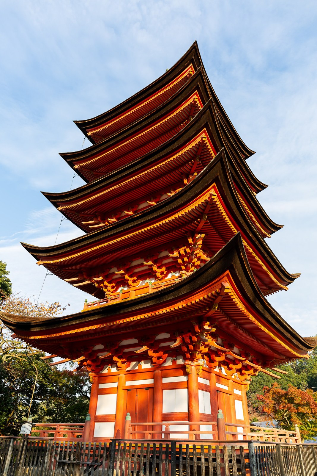 Looking up at Miyajima’s five-storey pagoda.