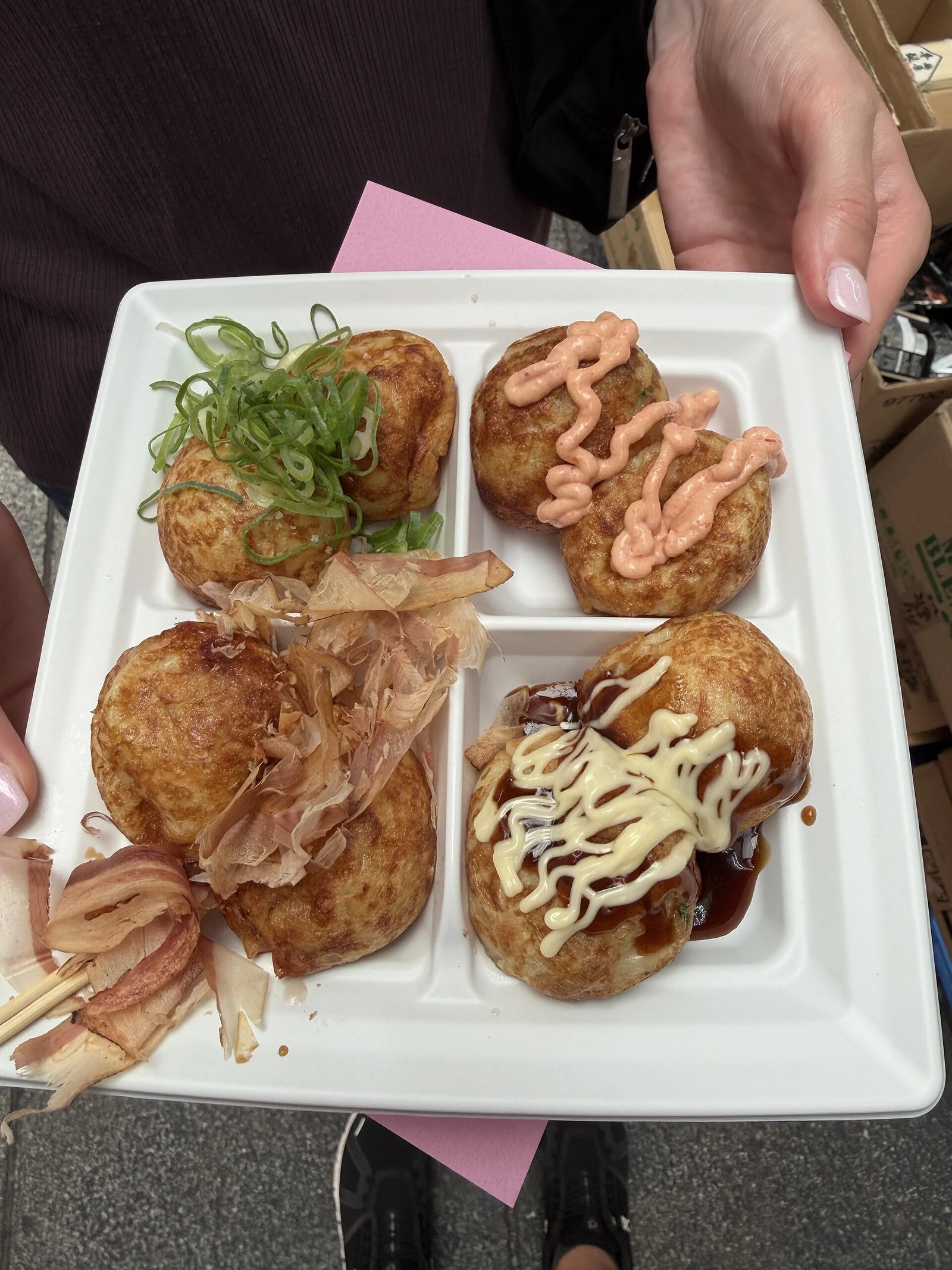 A selection of takoyaki photographed at Kuromon Market.