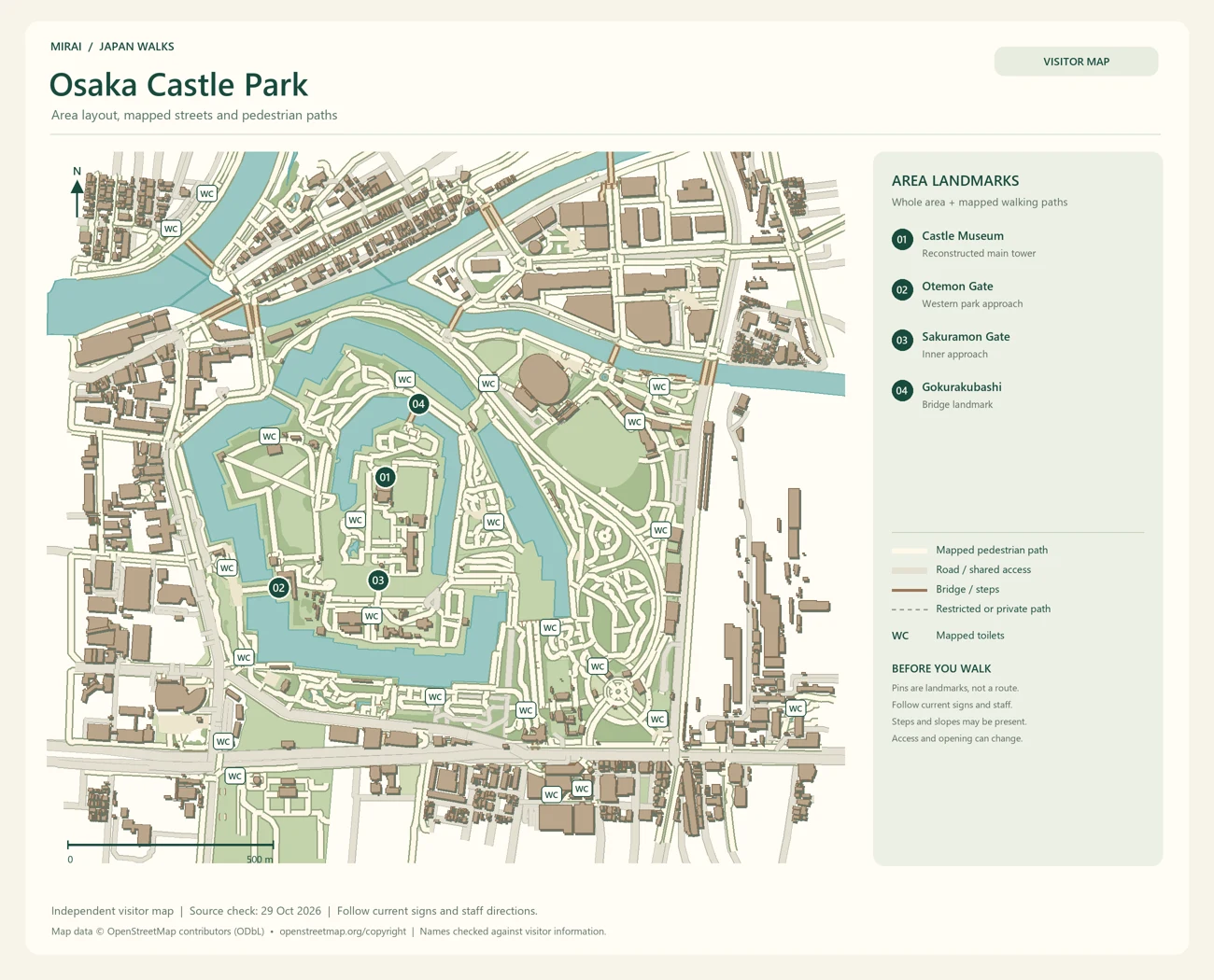 English visitor map of Osaka Castle Park showing the area layout, mapped pedestrian paths, roads, buildings and numbered sights.