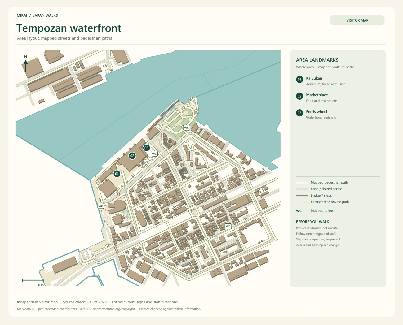 English visitor map of Tempozan waterfront showing the area layout, mapped pedestrian paths, roads, buildings and numbered sights.