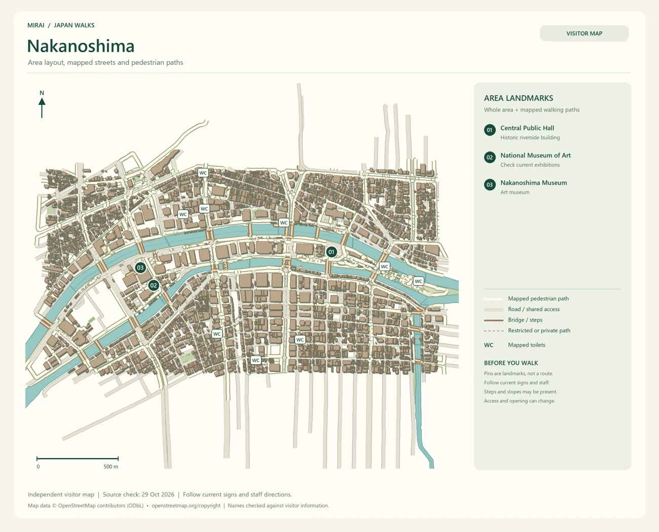 English visitor map of Nakanoshima showing the area layout, mapped pedestrian paths, roads, buildings and numbered sights.