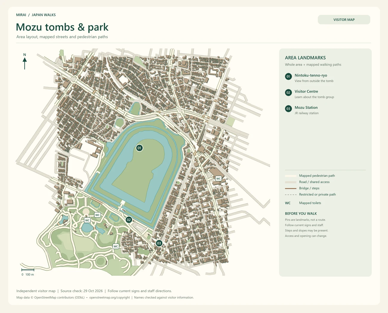 English visitor map of Mozu tombs & park showing the area layout, mapped pedestrian paths, roads, buildings and numbered sights.