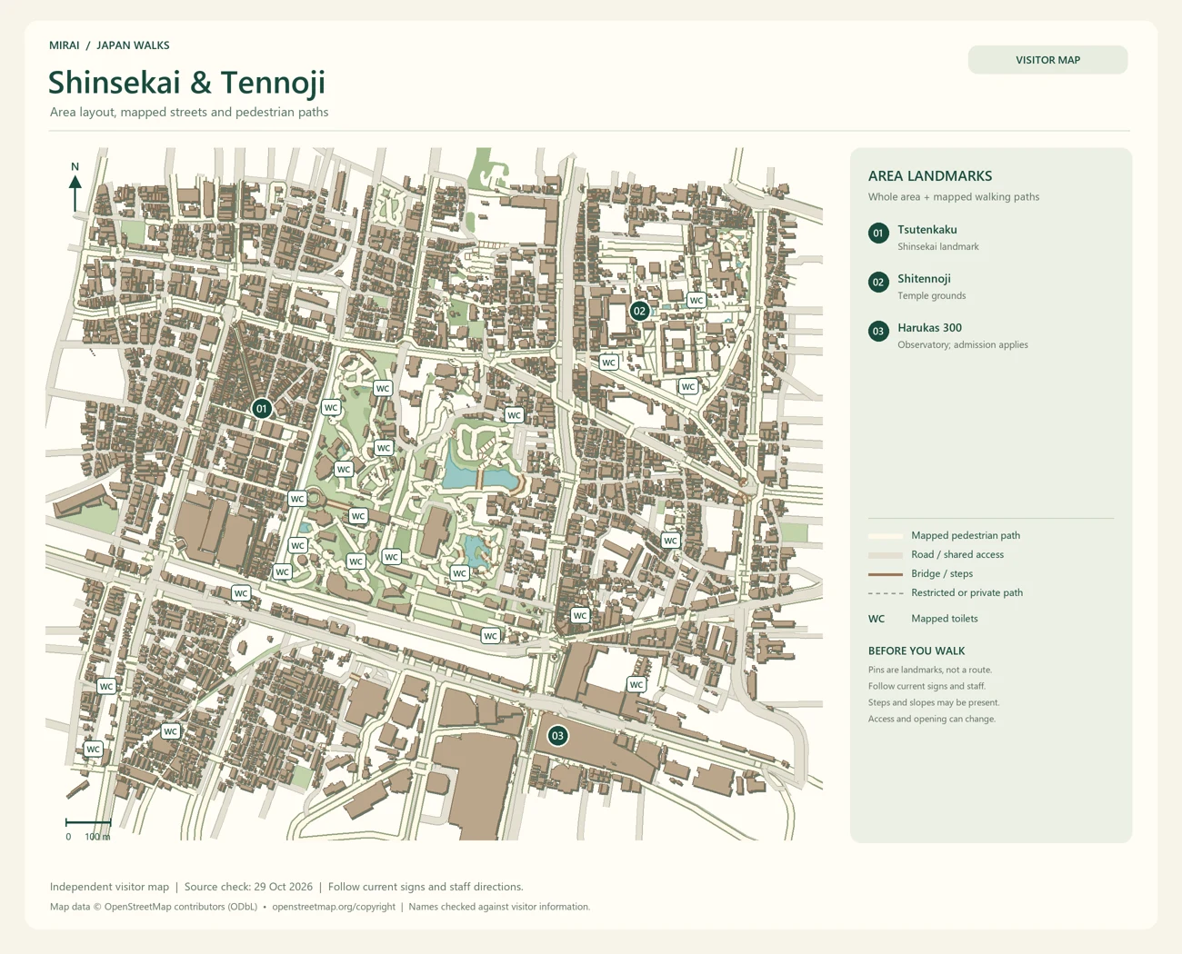 English visitor map of Shinsekai & Tennoji showing the area layout, mapped pedestrian paths, roads, buildings and numbered sights.
