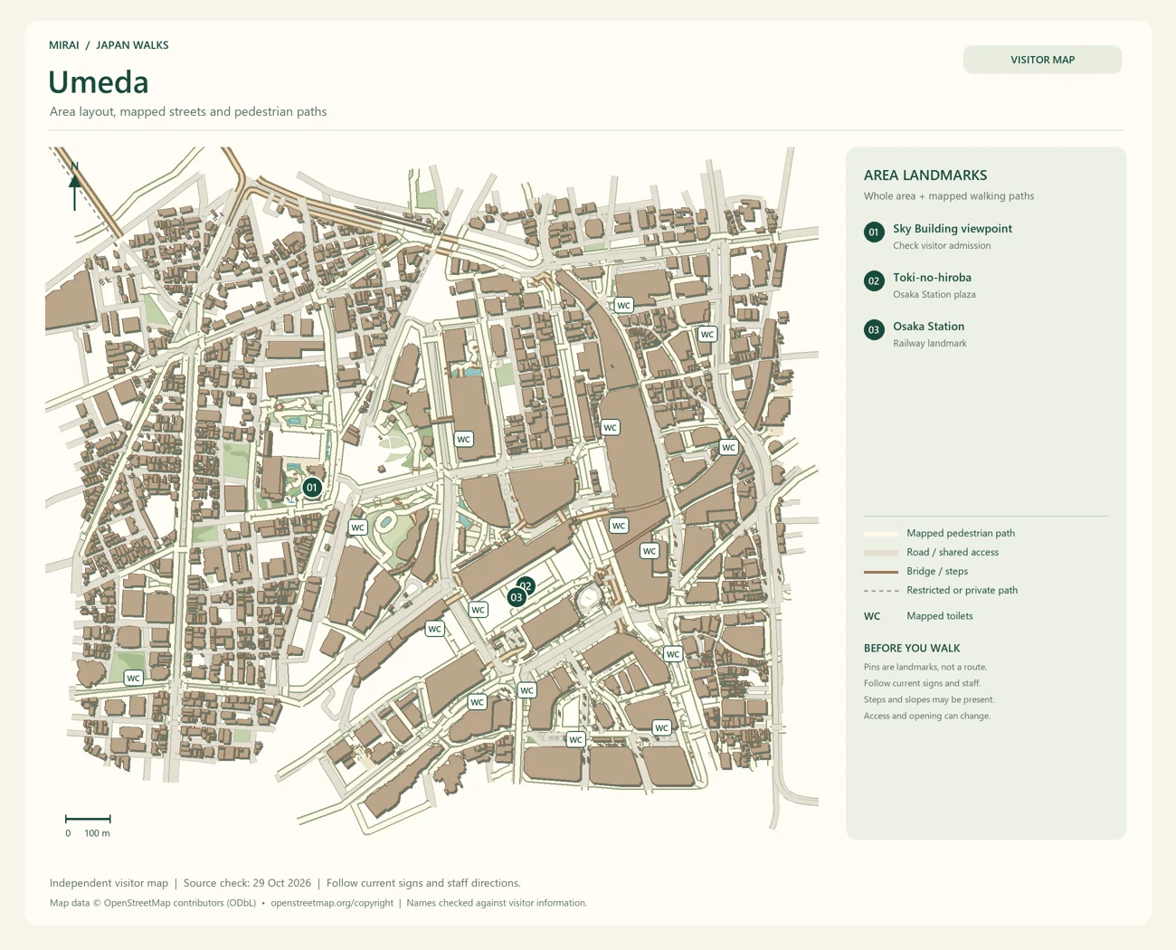 English visitor map of Umeda showing the area layout, mapped pedestrian paths, roads, buildings and numbered sights.