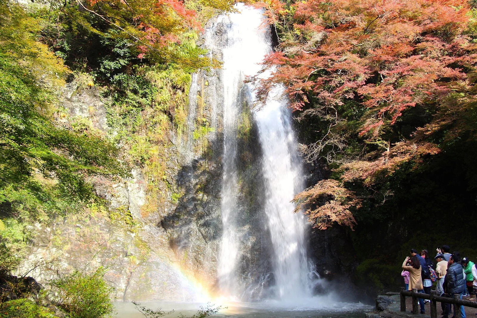 Autumn leaves and a rainbow beside the falls in November 2012.